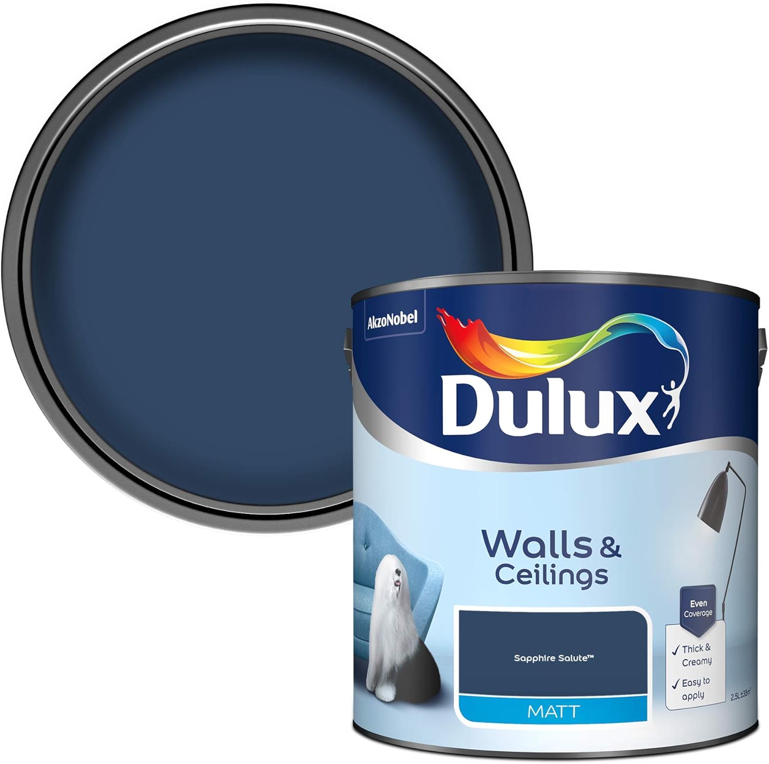 Dulux 5293076 Walls & Ceilings Matt Emulsion Paint, Sapphire Salute, 2.5 Litres