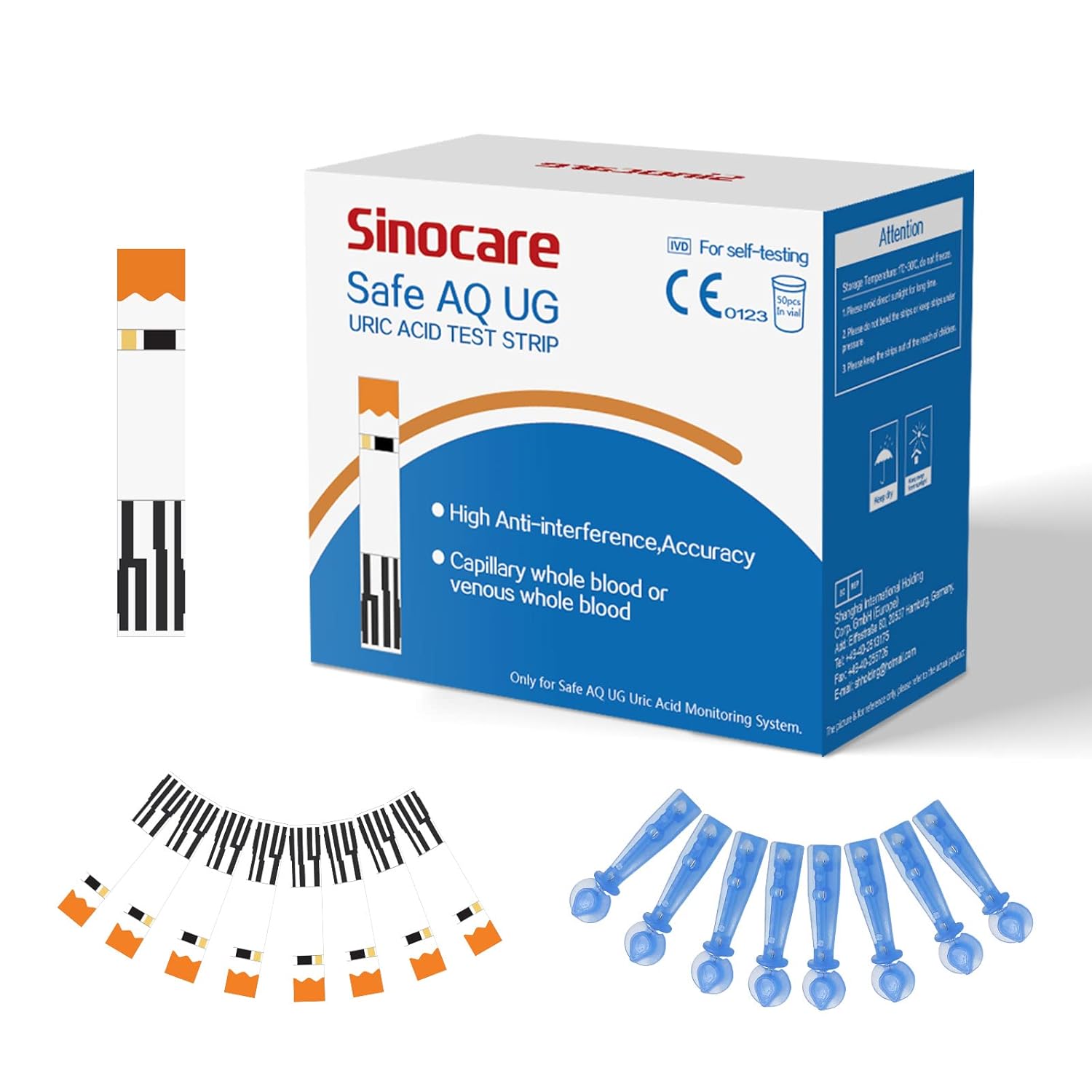 sinocare Safe AQ UG Uric Acid Test Strips, 50pcs Uric Acid Test Strips + 50pcs lans. for Safe AQ UG Monitor, Only for Uric Acid Testing