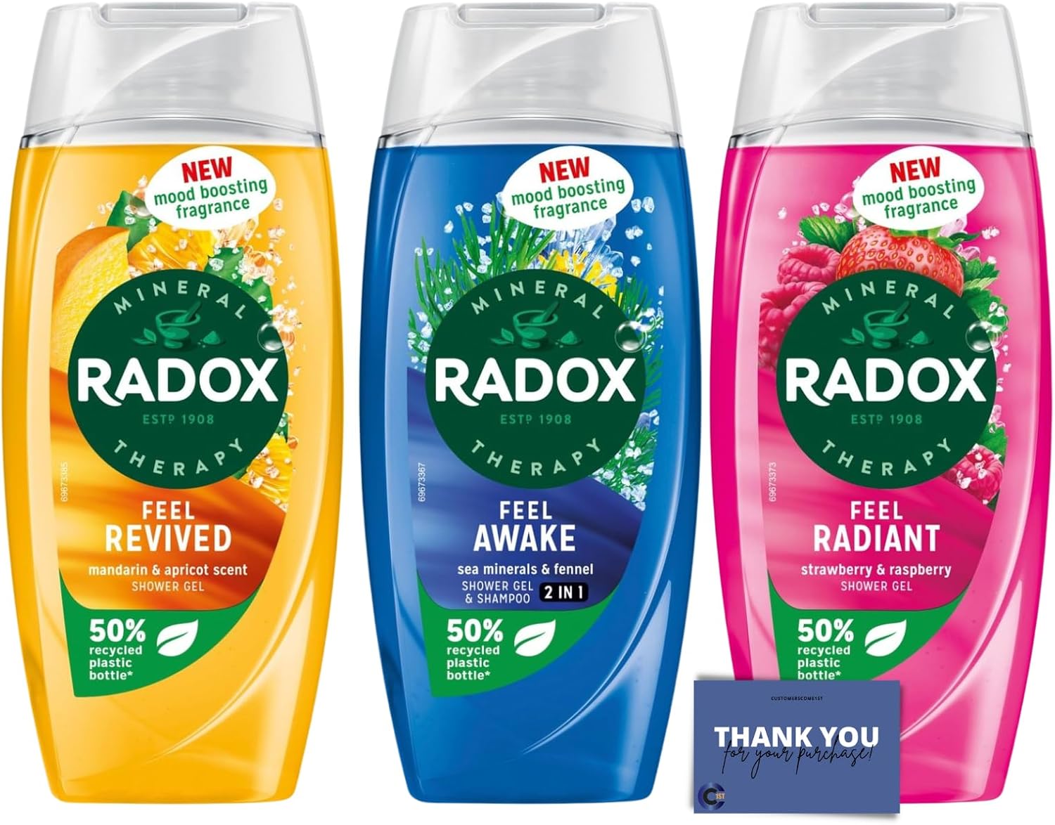 Radox Feel-Good Shower Gel Trio - Mandarin & Apricot, Sea Mineral & Fennel, and Strawberry & Raspberry Shower Gel (3 x 225ml)