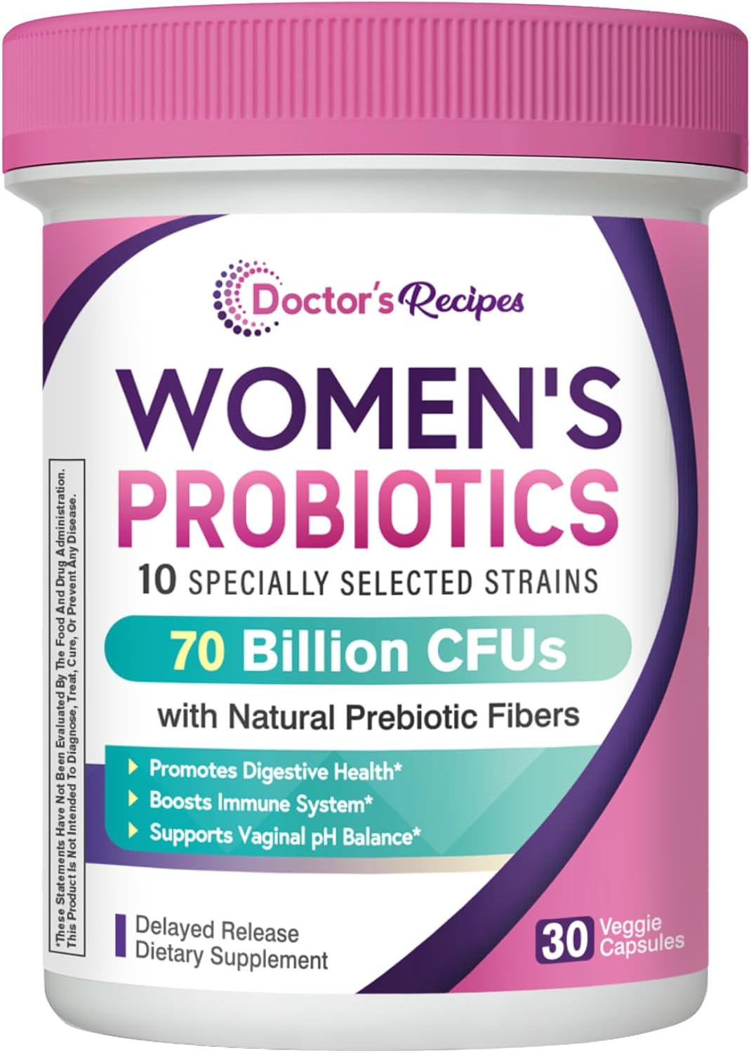 Doctor's Recipes Probiotics for Women, Organic Prebiotics and Probiotics for Digestive Health, Vaginal Health, 70 Billion CFU, 10 Strains, Shelf Stable, 30 Capsules