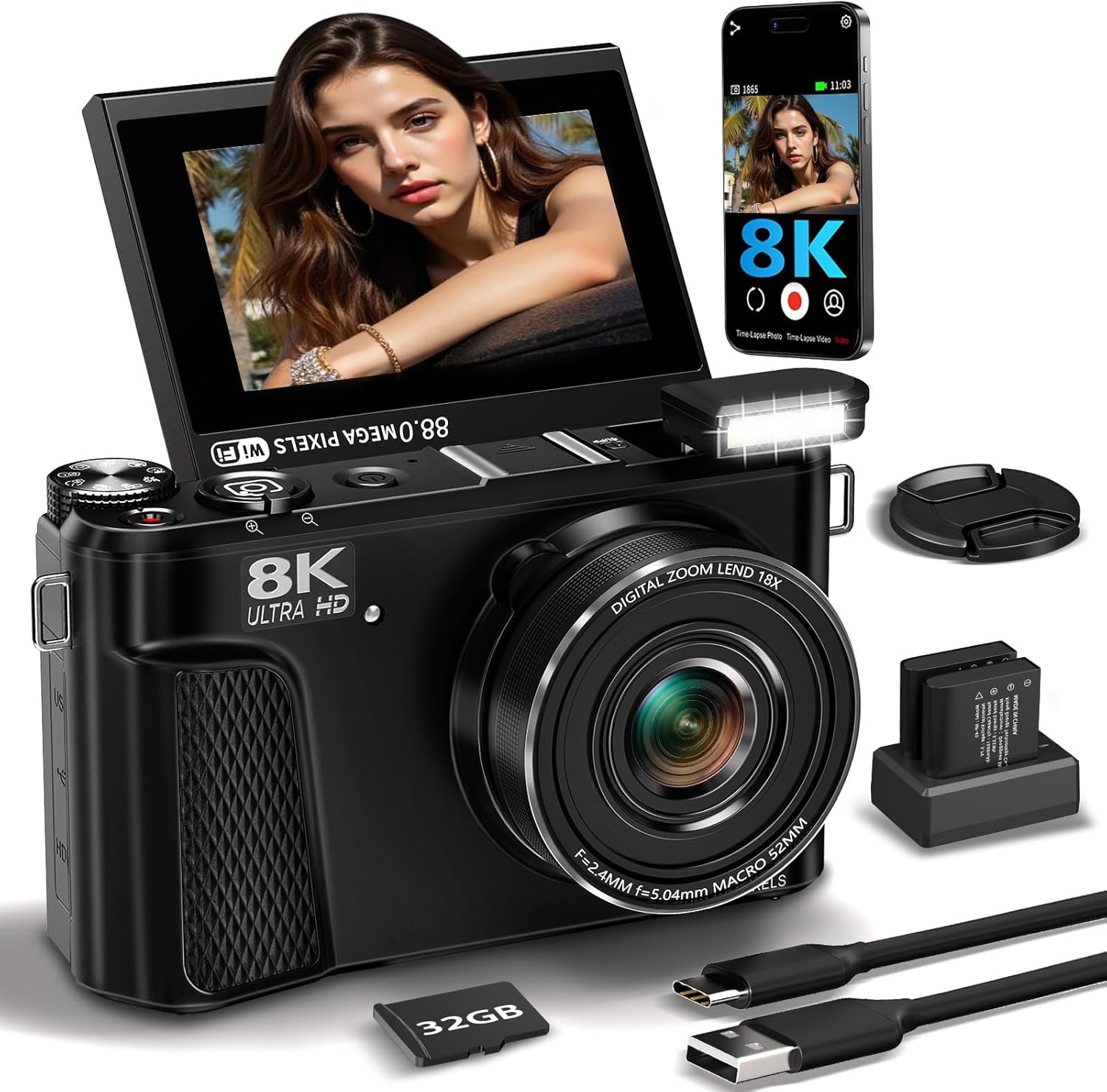 8K Digital Camera for Photography, 88MP Vlogging Camera for YouTube with 3" 180° Flip Screen, 18X Digital Zoom Point and Shoot Cam with 32GB Micro SD Card for Beginner (Gunmetal)
