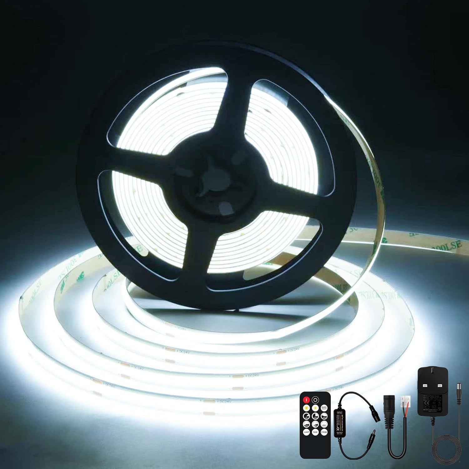 SIRYYUI COB LED Strip Lights 5M, Daylight White 6000K Dimmable LED Strip Kit,2400 LEDs,8mm Width,Super Bright DC24V Tape Lights,CRI90+with RF Remote and Power Supply for DIY Home Decoration