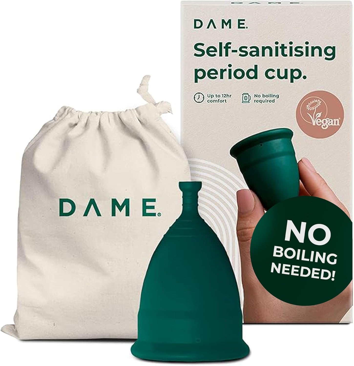 DAME Period Cup | No Boiling Required | Leak-Free Period Products | Hygienic, Comfortable, Self-Sanitising, Reusable, Menstrual Cup for Women | Up to 12 Hours of Protection, Eco-Friendly | Medium