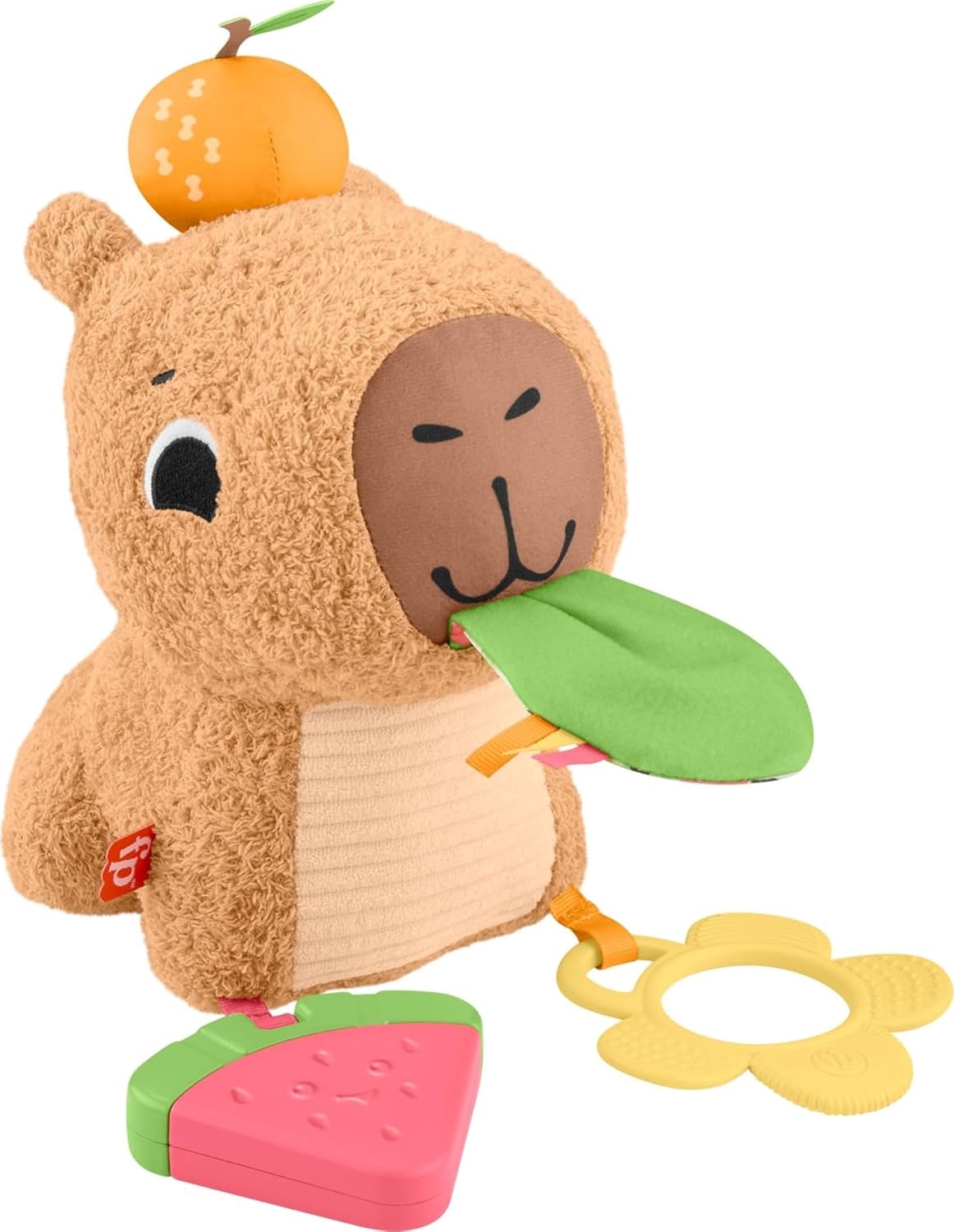 Fisher-Price Baby Sensory Toy Snuggly Snacky Capybara Plush with Newborn Teether & Rattle Activities for Infants Ages 3+ Months