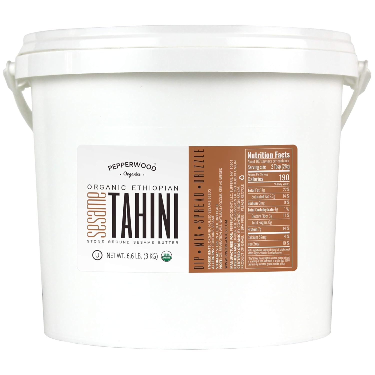 Pepperwood Organic Stone-Ground Ethiopian Sesame Tahini Paste, Hulled, Unsalted, Non-GMO, Gluten-Free, Kosher, Vegan, USDA Organic, Peanut-Free, 6.6lb Bucket