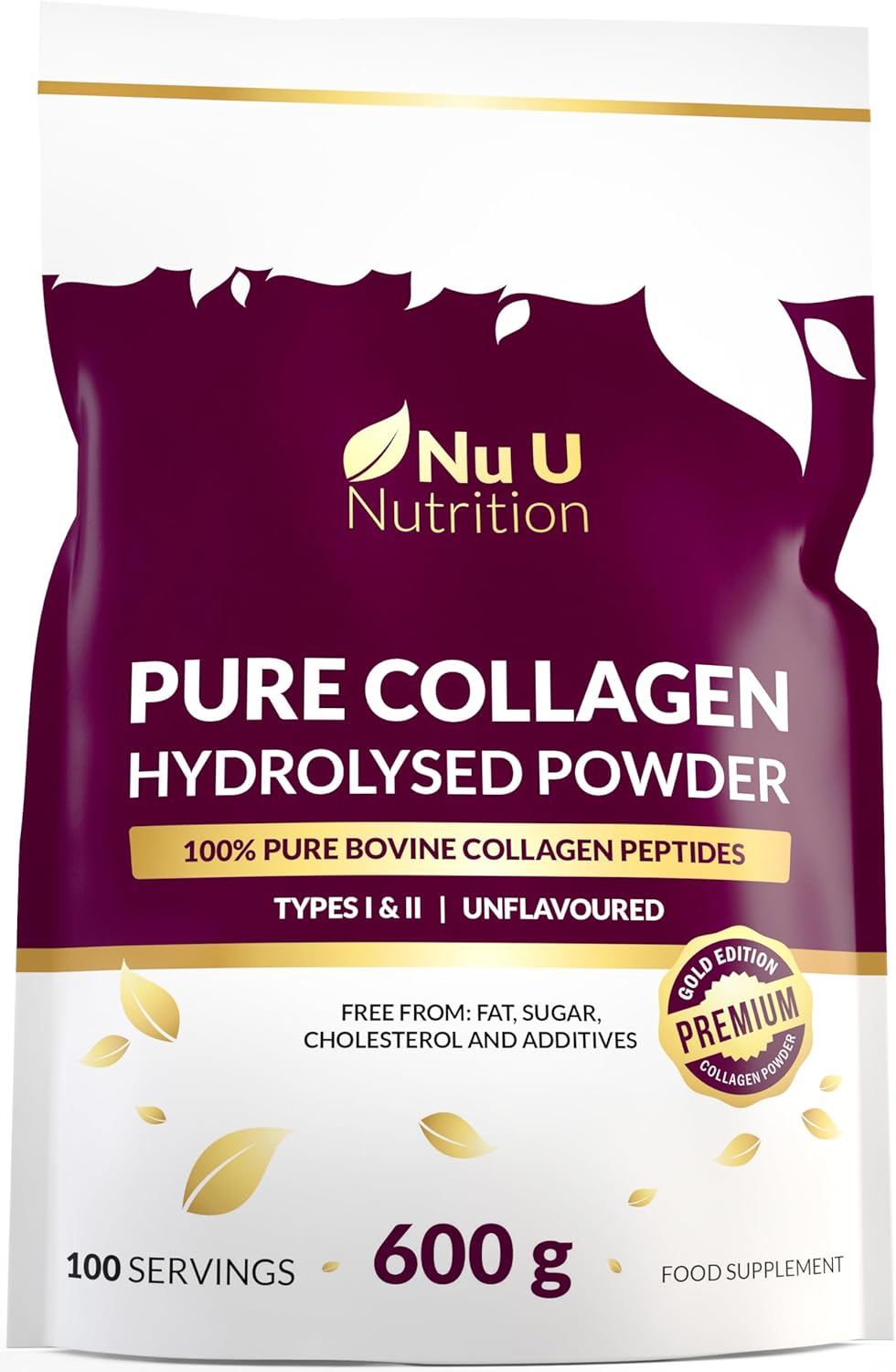 Collagen Powder 600g Large Pouch - 100 Servings - Premium Type I & II Bovine Collagen Peptides Hydrolysate Supplement Gold Edition - 3+ Month Supply - Unflavoured - Nu U Nutrition