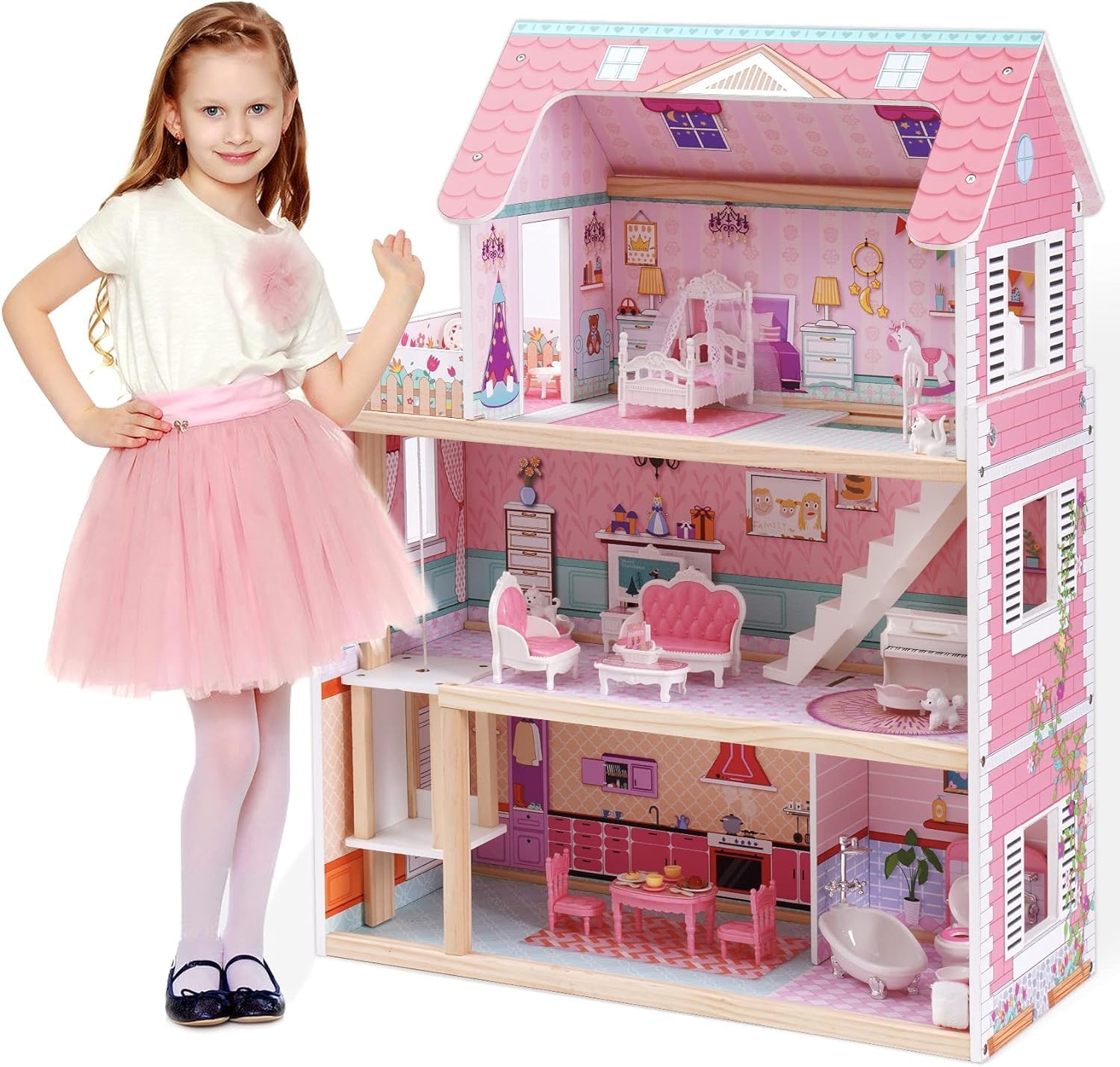 ROBUD Wooden Doll House Girls Toys, 18" High Dollhouse With Elevator & Furniture, 3-Story 15 Pieces Accessories Toy House for Kids Age 3+, Dolls House Gift for 3-4-5-6 Year Old Girls