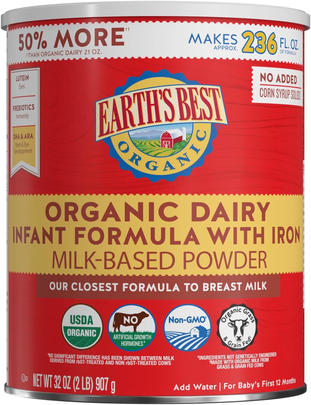 Earth's Best Organic Dairy Infant Powder Formula with Iron, Omega-3 DHA and Omega-6 ARA, 32 Ounce