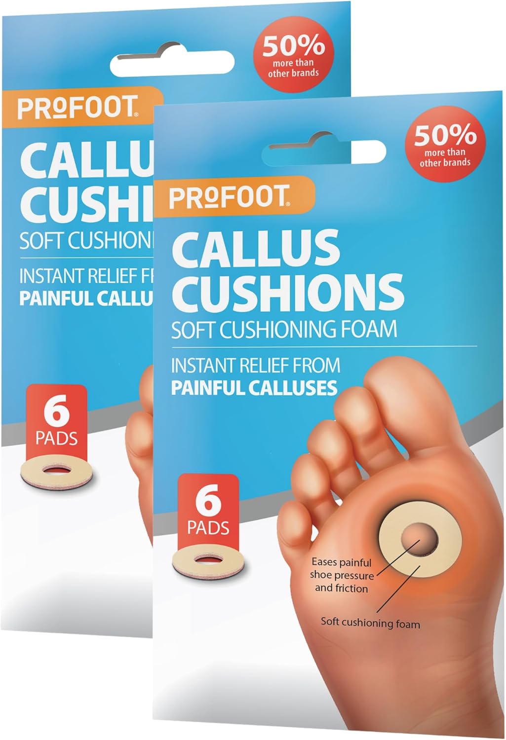Profoot Callus Cushions - Instant Relief from Painful Calluses - 6 Pads, Super Soft Foam, Hypoallergenic Adhesive - Anti-Friction - Soft Cushioning (2 Pack)