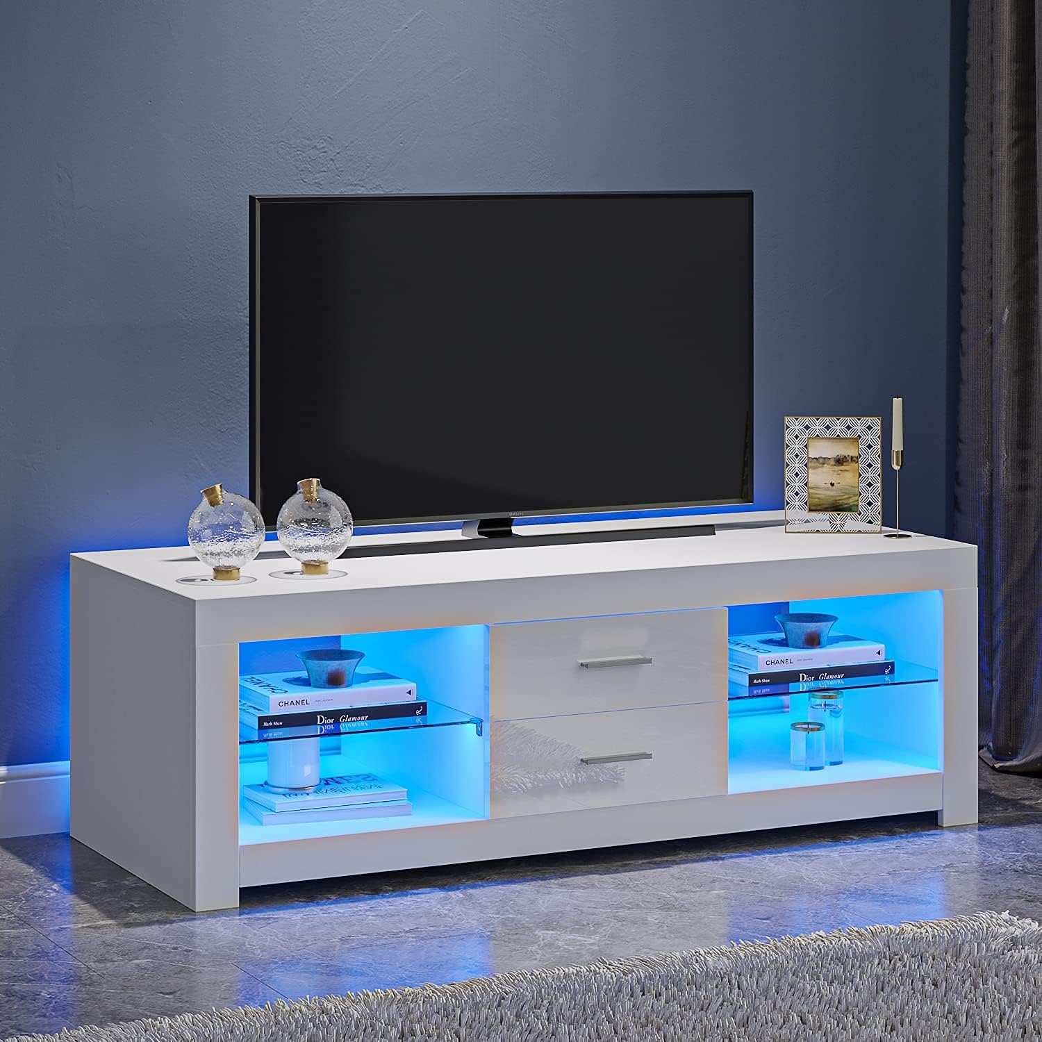 Panana TV Stand Cabinet 2 Drawer 2 Glass Shelves LED Lighted TV Console Unit for 22"-55" Flat Screen 4k TVs (white)