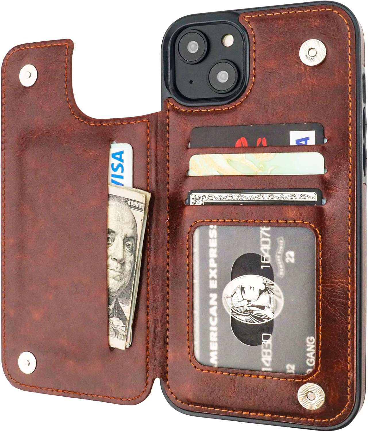 ONETOP Compatible with iPhone 14 Plus Wallet Case with Card Holder, PU Leather Kickstand Card Slots Case, Double Magnetic Clasp and Durable Shockproof Cover 6.7 Inch (Brown)