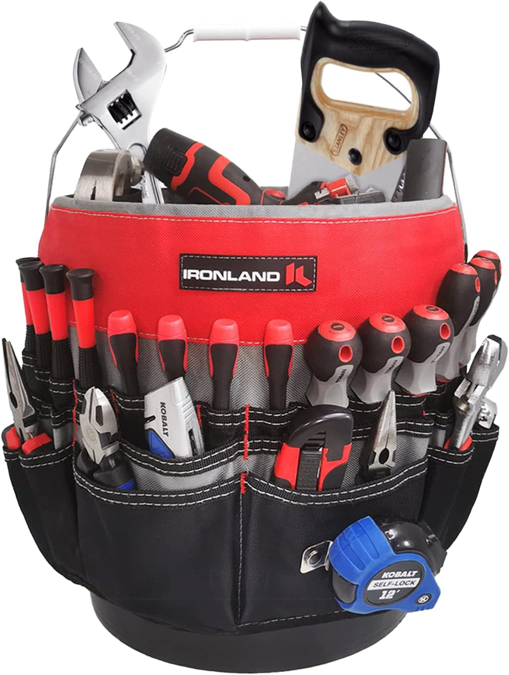 IRONLAND Bucket Tool Organizer Fit 3.5-5 Gallon Bucket, 51 Pockets, Bucket Tool Caddy Organization for Garden, Construction, Carpenter, Electrician, Builder Red & Black