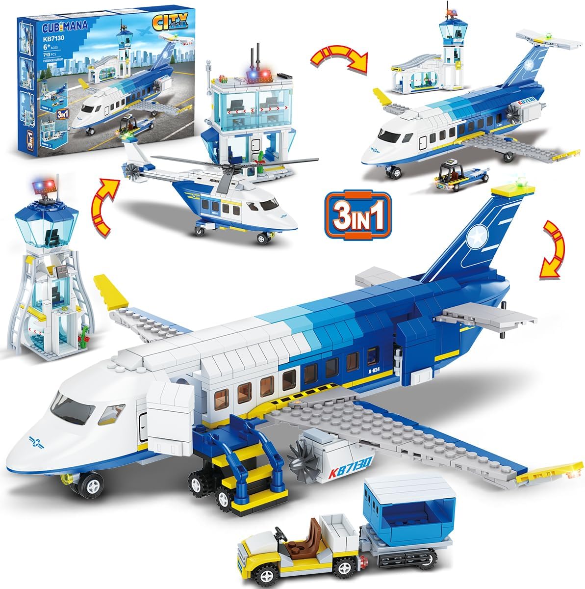 CUBIMANA City Passenger Airplane Building Set, 711 PCS 3 IN 1 Plane Building Blocks Kit with Airport Terminal, Radar Tower, Luggage Truck, Planes Model Toys Gift for Boys Girls Kids 6 7 8 9+ Years Old