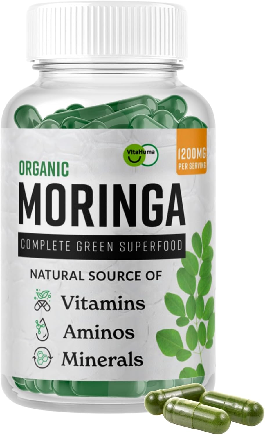 Organic Moringa, Nutrient-Dense Antioxidant Support with Vitamin C, A, E, Calcium, Potassium, Iron, Magnesium, Protein & Amino Acids for Hydration & Energy, Vegan, 1200 MG Per Serving, 90 CT