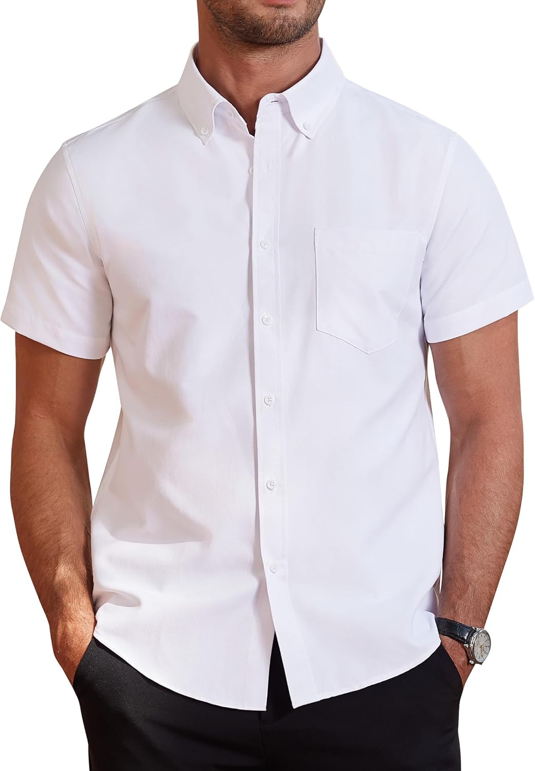 J.VER Men's Short Sleeve Shirts Smart Casual Oxford Shirt Regular Fit Plain Button Down Cotton Shirt