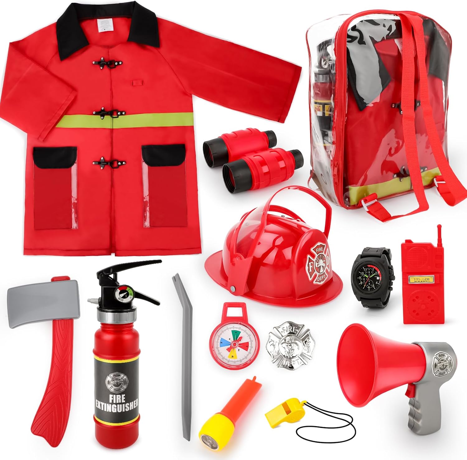 deAO Kids Fireman Costume Set with 13 Firefighter Toy Accessories, Firefighter Role Play Dress Up Outfit for Boys & Girls 3+ Years, Halloween Fancy Dress & Pretend Play Toys for Toddlers