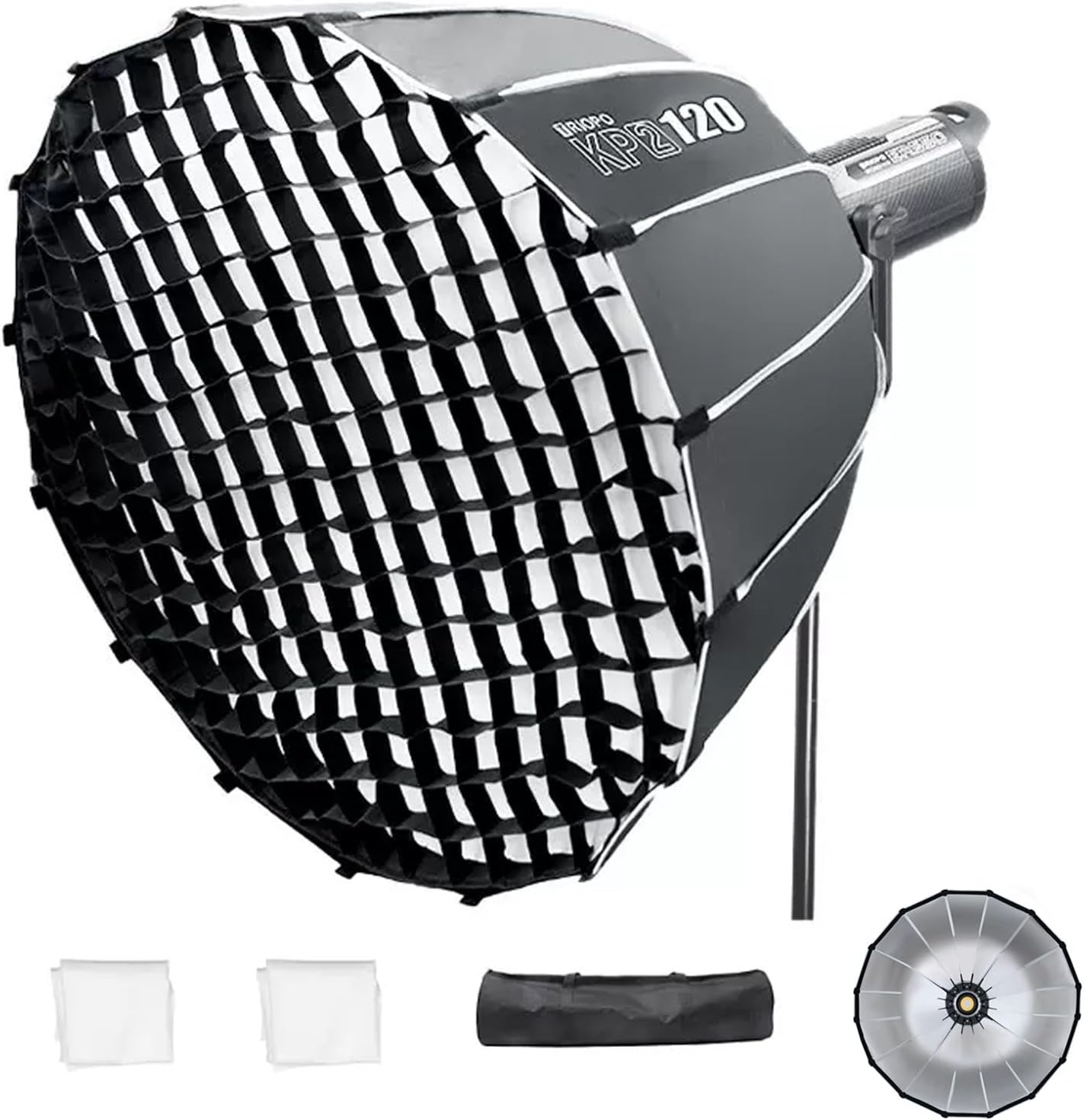 Triopo 47.2inch/120cm Parabolic Softbox Bowens Mount Soft Boxes with Honeycomb Grid, Quick Set up Quick Folding, Compatible with Aputure 120d Light Dome Godox SL60w NEEWER RGB CB60 Bowens Mount Lights