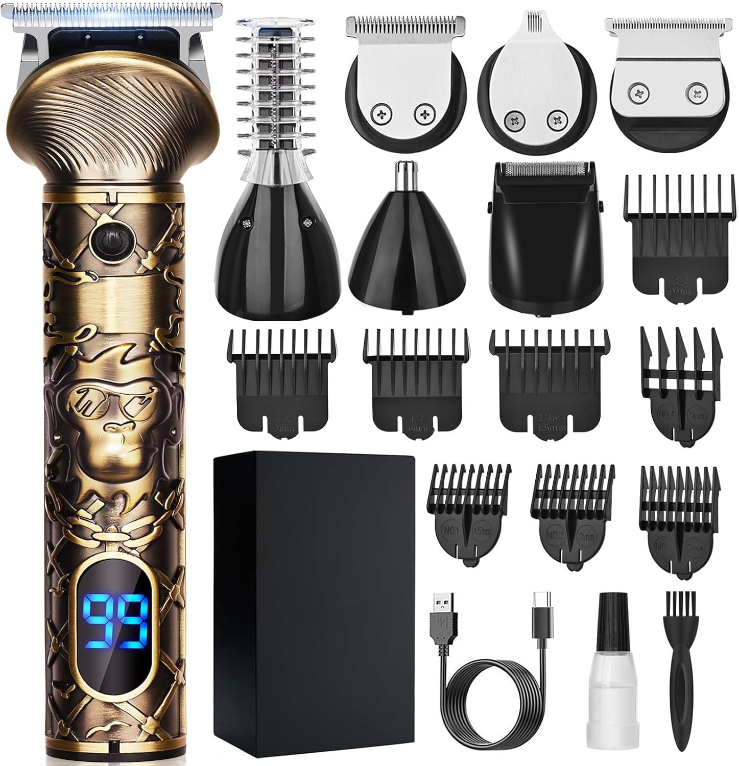 Hair Clippers Men, Beard Trimmer Professional, Cordless Shavers for Men, Detailer Hair Trimmer Come LED and Type-C, 6 in 1 Grooming Barber Kit for Personal Haircut, Beard, Body, Stubble, Nose
