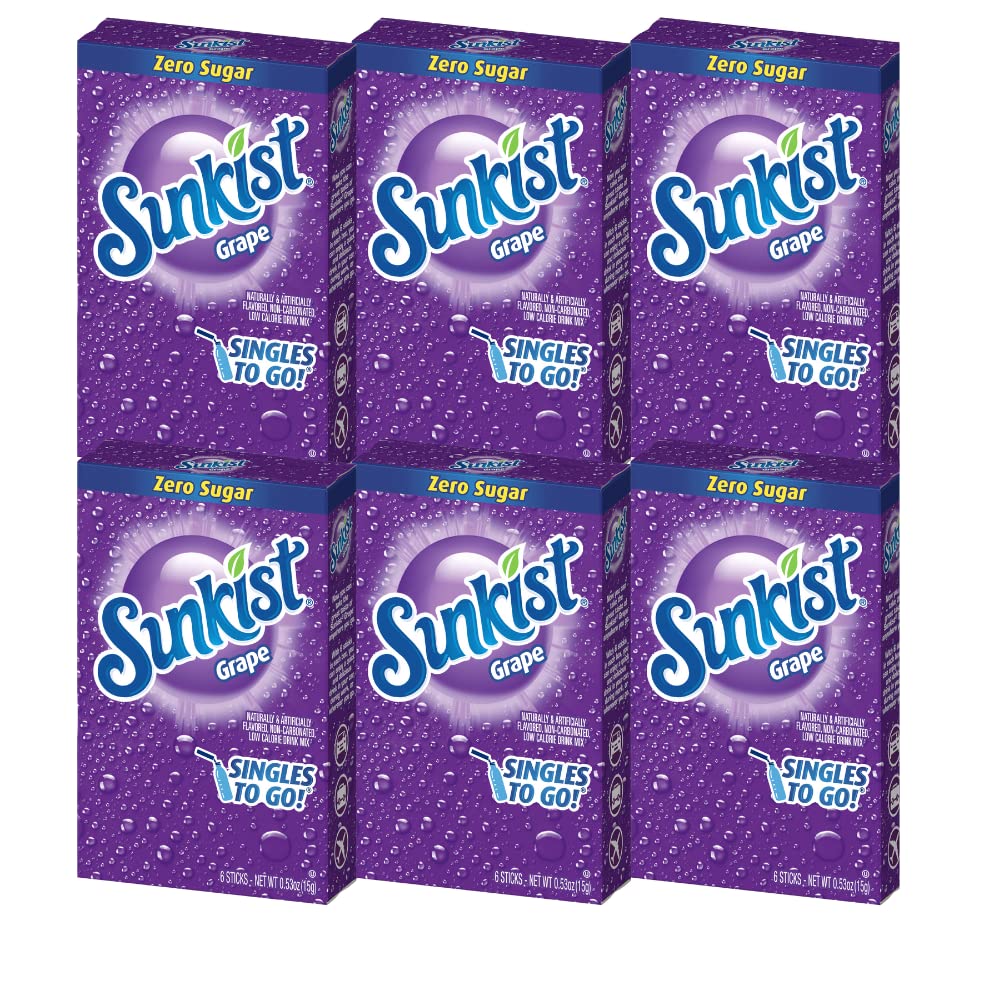 Sunkist Singles-To-Go Drink Mix, Grape, Non-Carbonated, Low-Calorie, Zero Sugar, 6 CT in each box (Pack of 6)