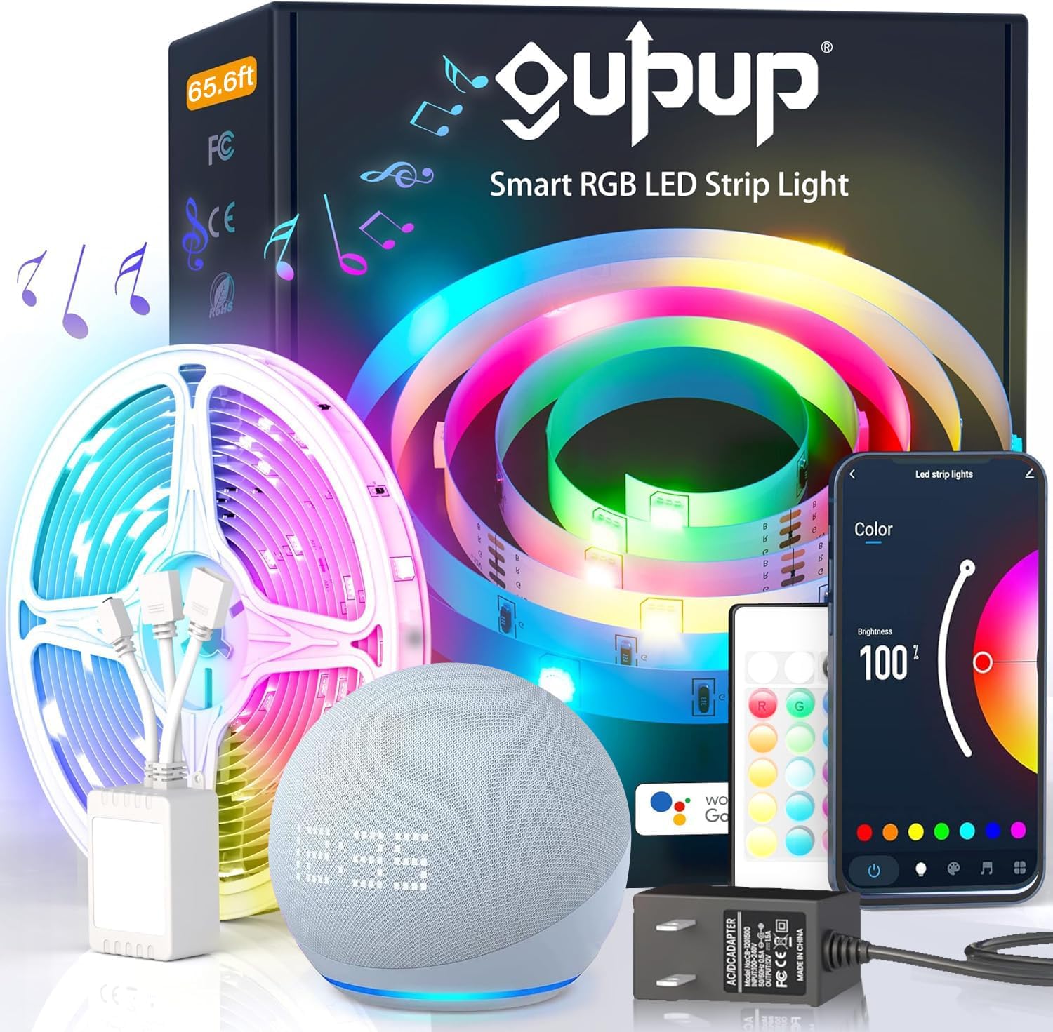 GUPUP 65.6 ft Long Light Strip 1 roll, WiFi Led Lights for Bedroom,Tuya Smart APP,Phone&Voice Controlled via Alexa/Google Home,Music Sync Strip Lights for Bedroom(65.6 ft WiFi/APP+Remote+Voice)