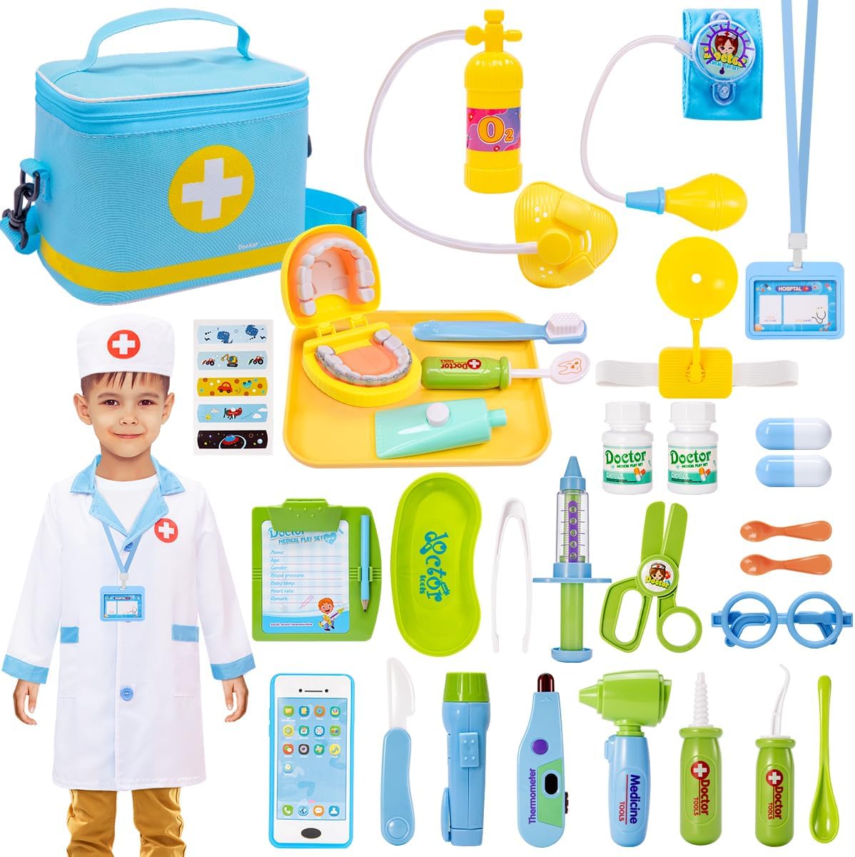 MELAND Doctors Set for Kids, 32 PCS Dentist Toys for Kids with Oversized Teeth, Doctor Costume, Doctor Role Play Toys for 3 to 8 Year Old Boys Girls Gift(Blue)