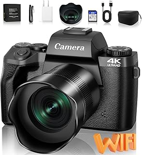 Saneen Digital Camera for Photography, 4K 64MP WiFi Touch Screen Vlogging Camera with Flash, 32GB Micro Card, Lens Hood, 3000mAH Battery, Front and Rear Cameras, 4″Big Screen, Hot Shoe Interface-Black