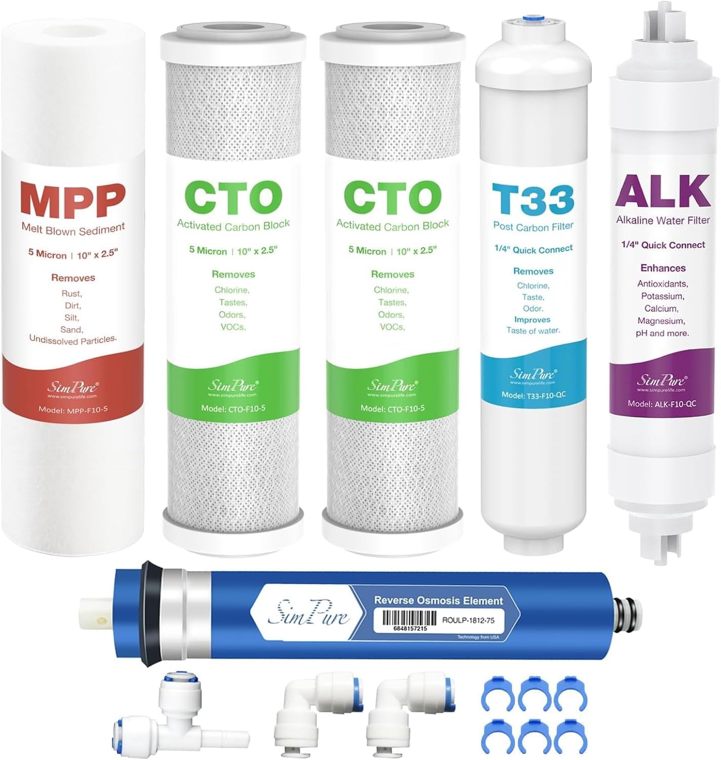 SimPure 6-Stage 75 GPD RO Complete Replacement Filter Set, Compatible with APEC Essence Series Alkaline Reverse Osmosis Water Filter System ROES-PH75, RO Filters Replacement for FILTER-MAX-ESPH