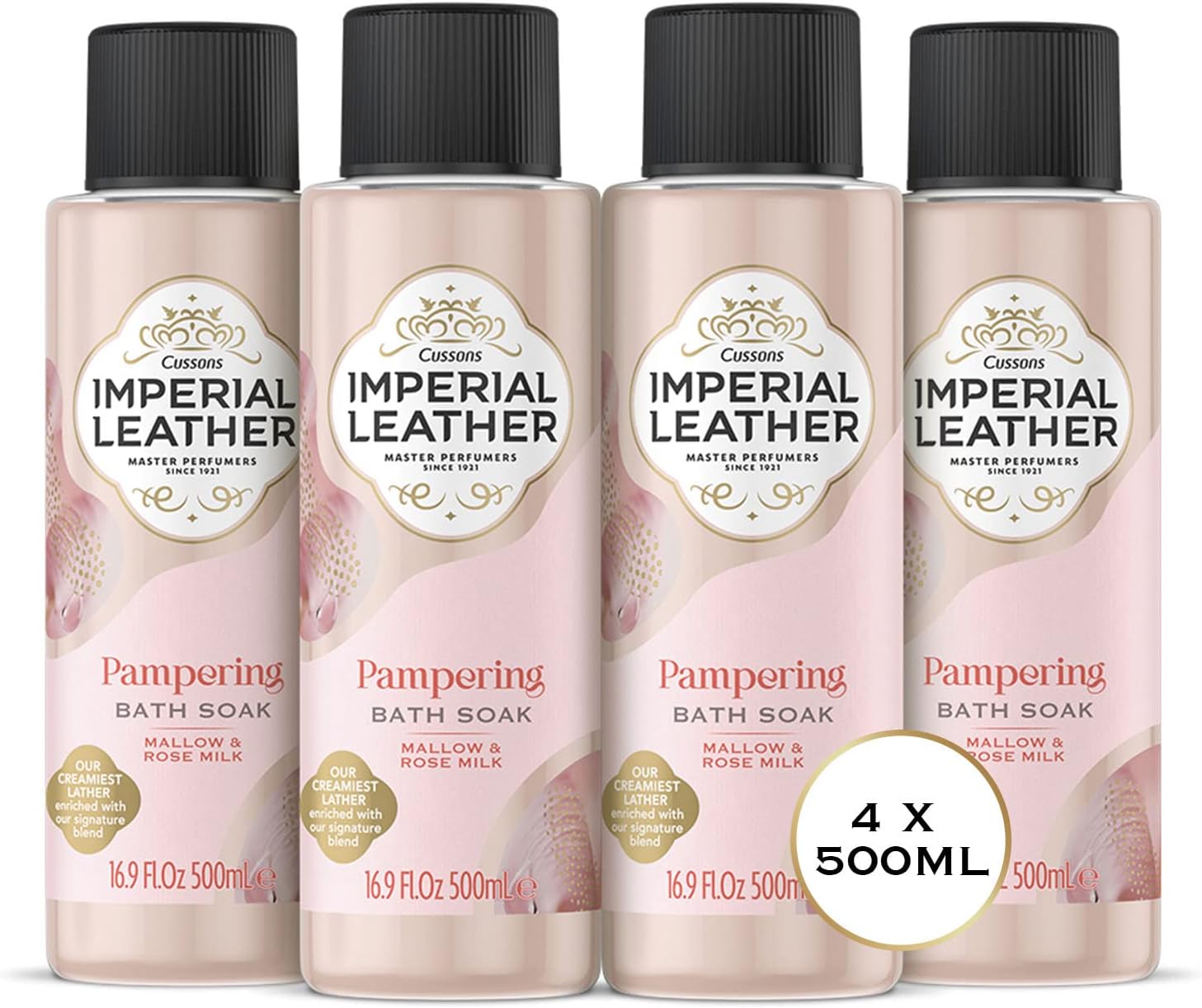 Imperial Leather Pampering Bath Soak, Mallow and Rose Milk, Rich and Creamy Bubble Bath, Gentle Skin Care, Bulk Buy, Pack of 4 x 500 ml
