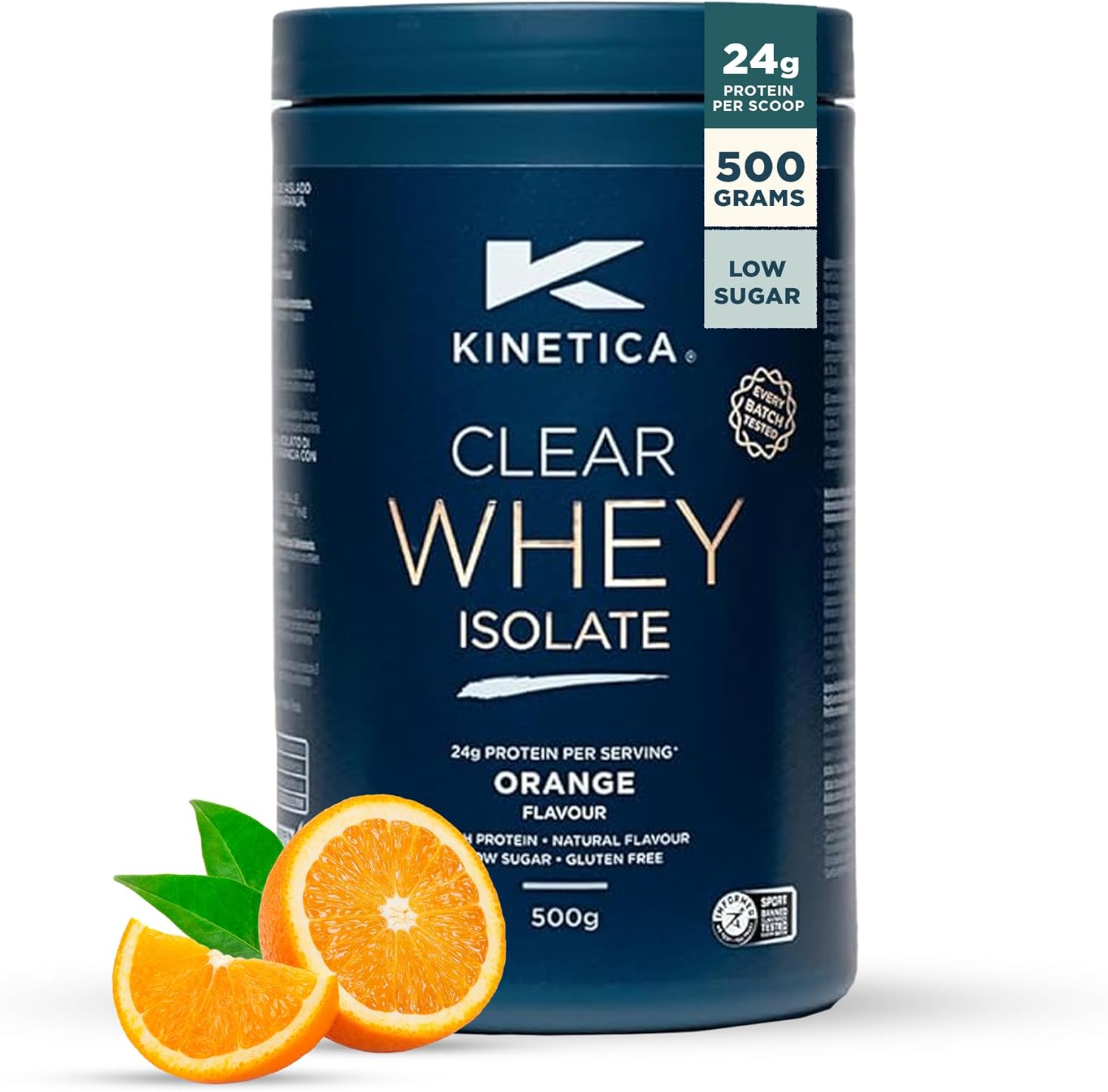 Kinetica Sports Clear Whey Isolate - Orange Flavour | 24g Whey Protein Isolate/Serve, 15 Servings/500g Pack | Naturally Occurring Amino Acid Profile | Lower in Lactose | Mixes Well with Water