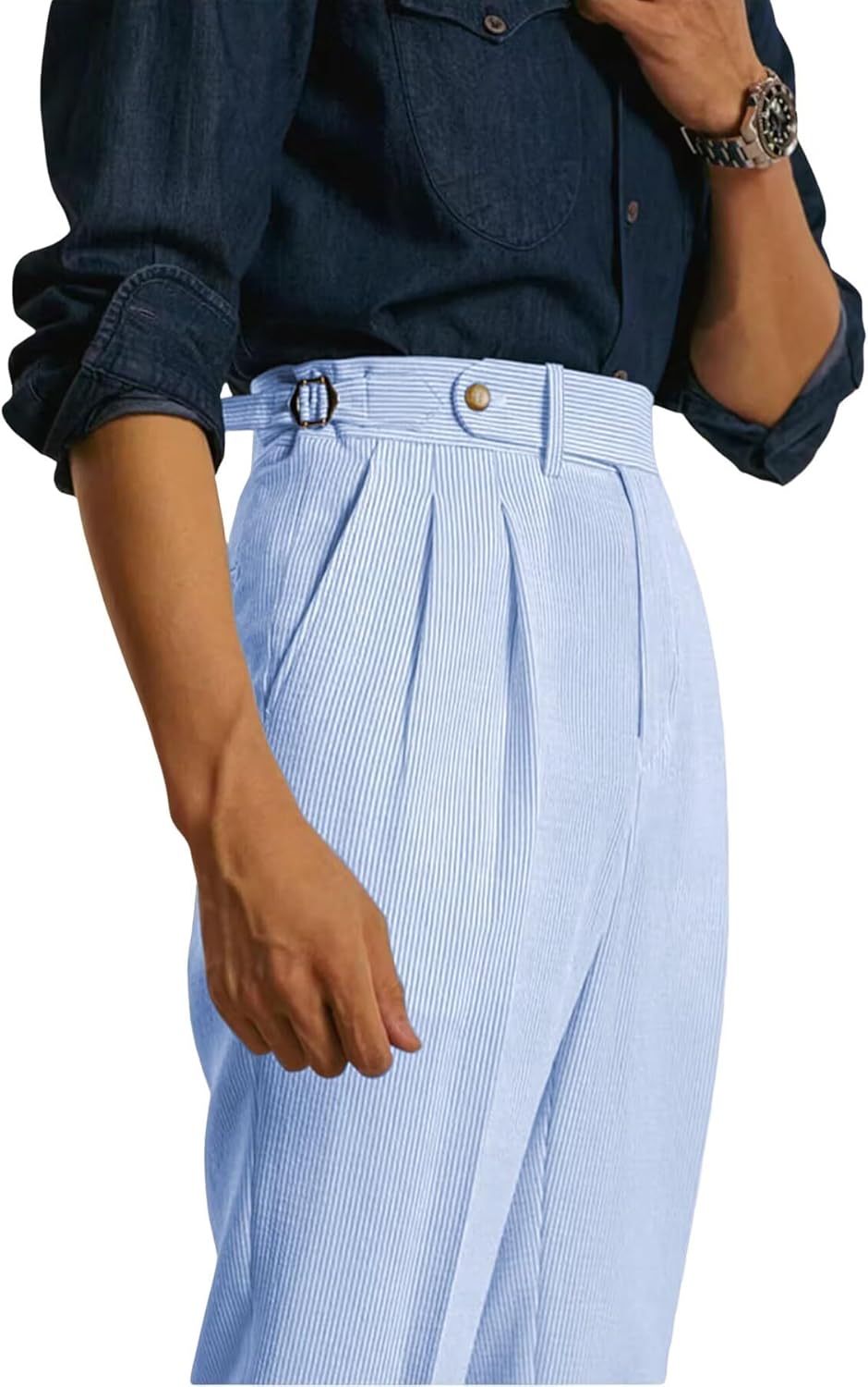 Men's Seersucker Casual Suit Pants Classic Fit Gurkha Dress Pant Spring Summer Beach Striped Trousers for Men