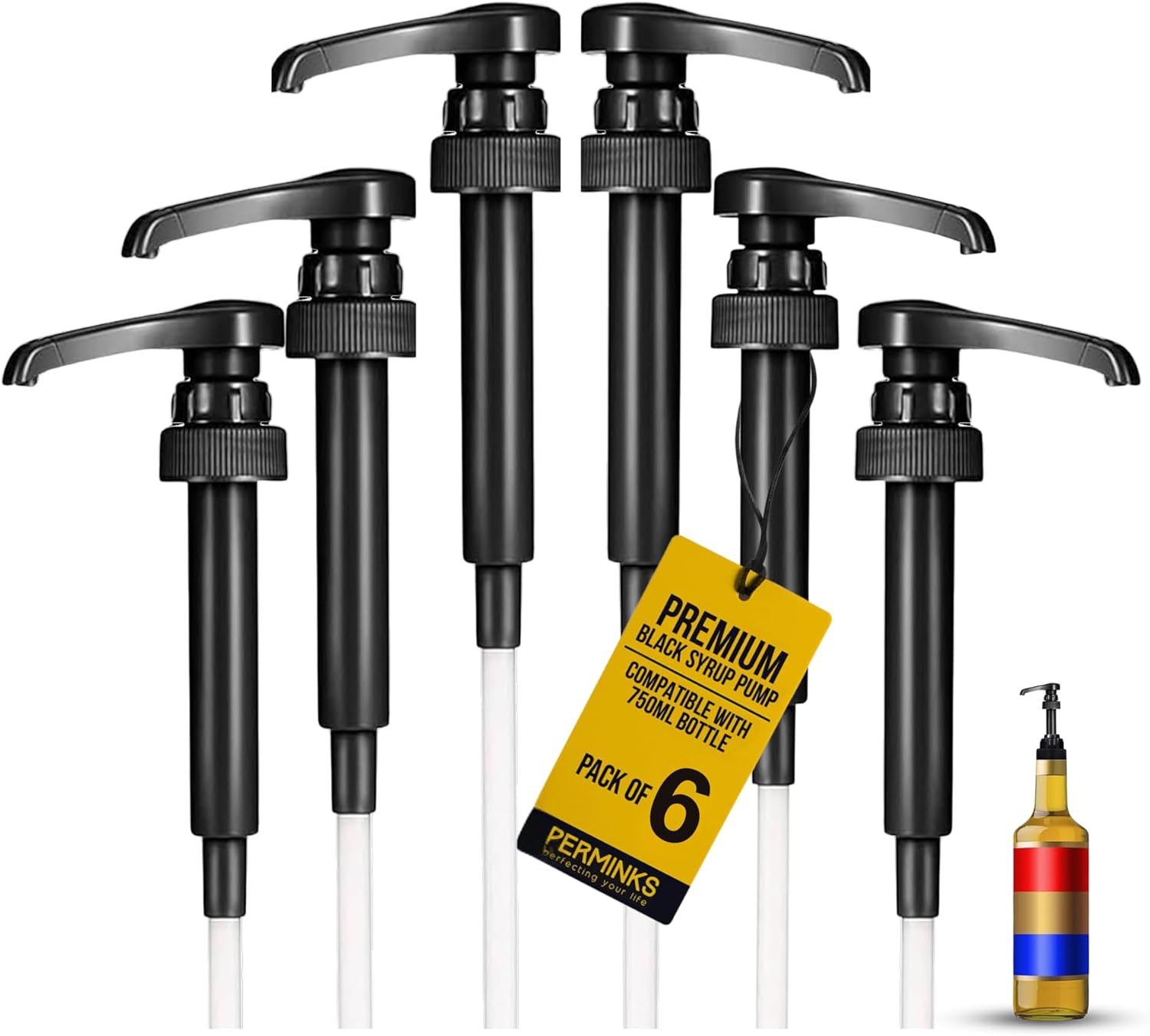 Syrup Pumps Compatible with Torani and Davinci Bottles (25.4 oz-750ml) (Set of 6, Black)