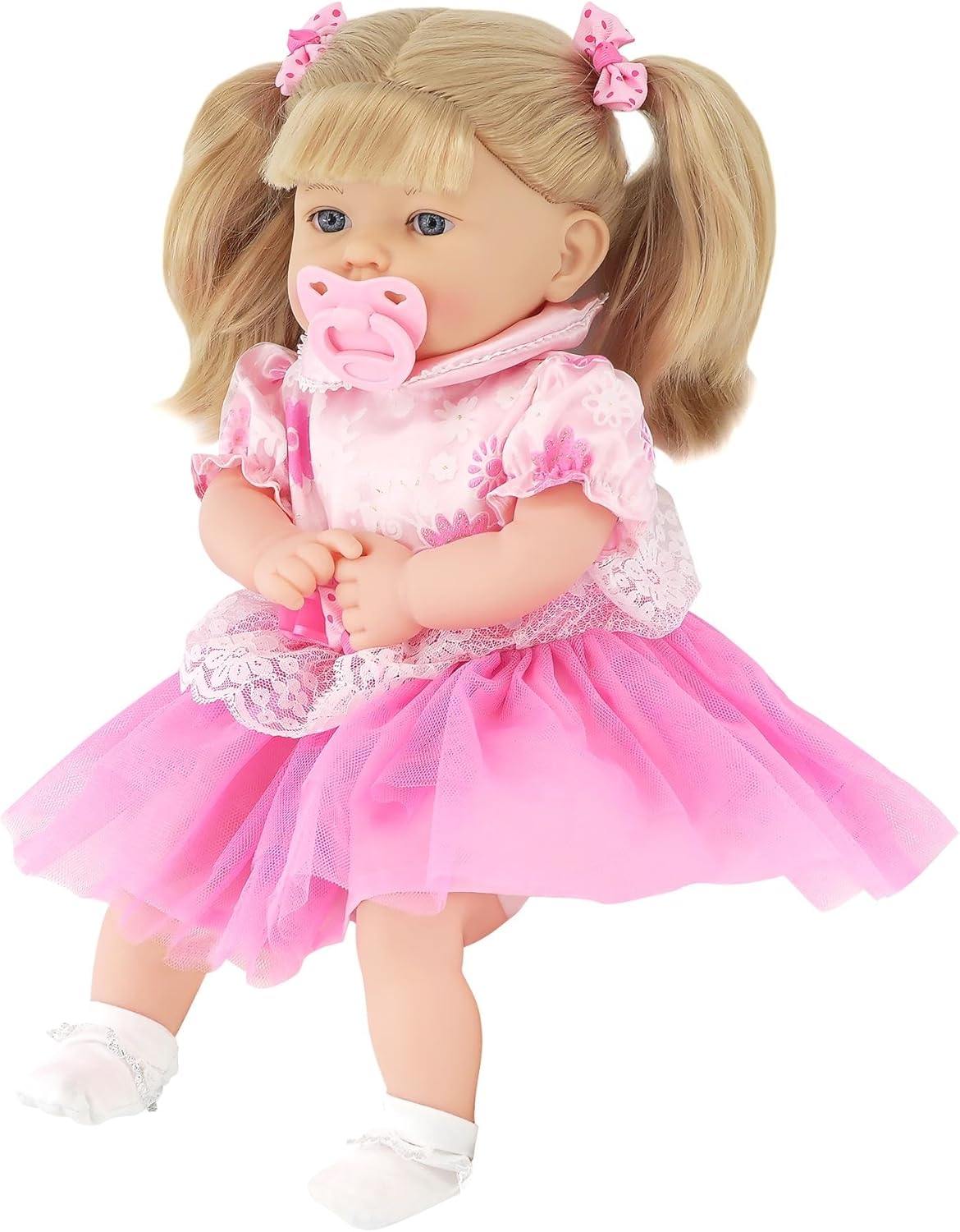 Bibi Doll 18" Realistic Baby Doll Girl Elizabeth with Hair in Pink Floral Outfit, Sounds, Dummy - Cuddly Soft Body with Vinyl Limbs, Talking Feature - Ideal for Girls and Boys Aged 18 Months and Up