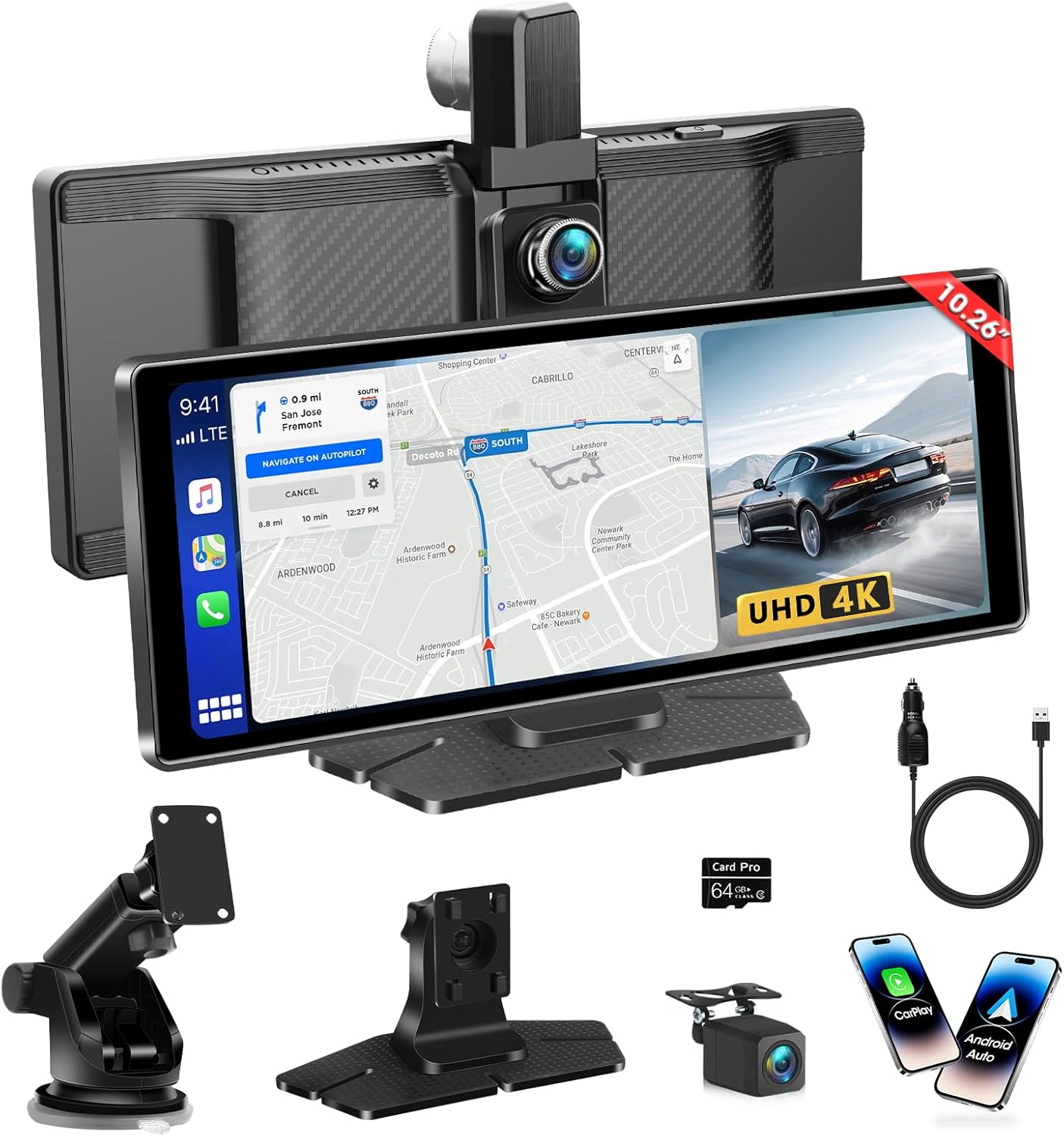 Upgrade 4K Car Play Screen for Car 350° Rotatable Camera 10.26" Wireless Apple Carplay & Android Auto Carplay Screen with Dashcam Reversing Camera Dual Bluetooth Mirror Link Voice Control Navigation