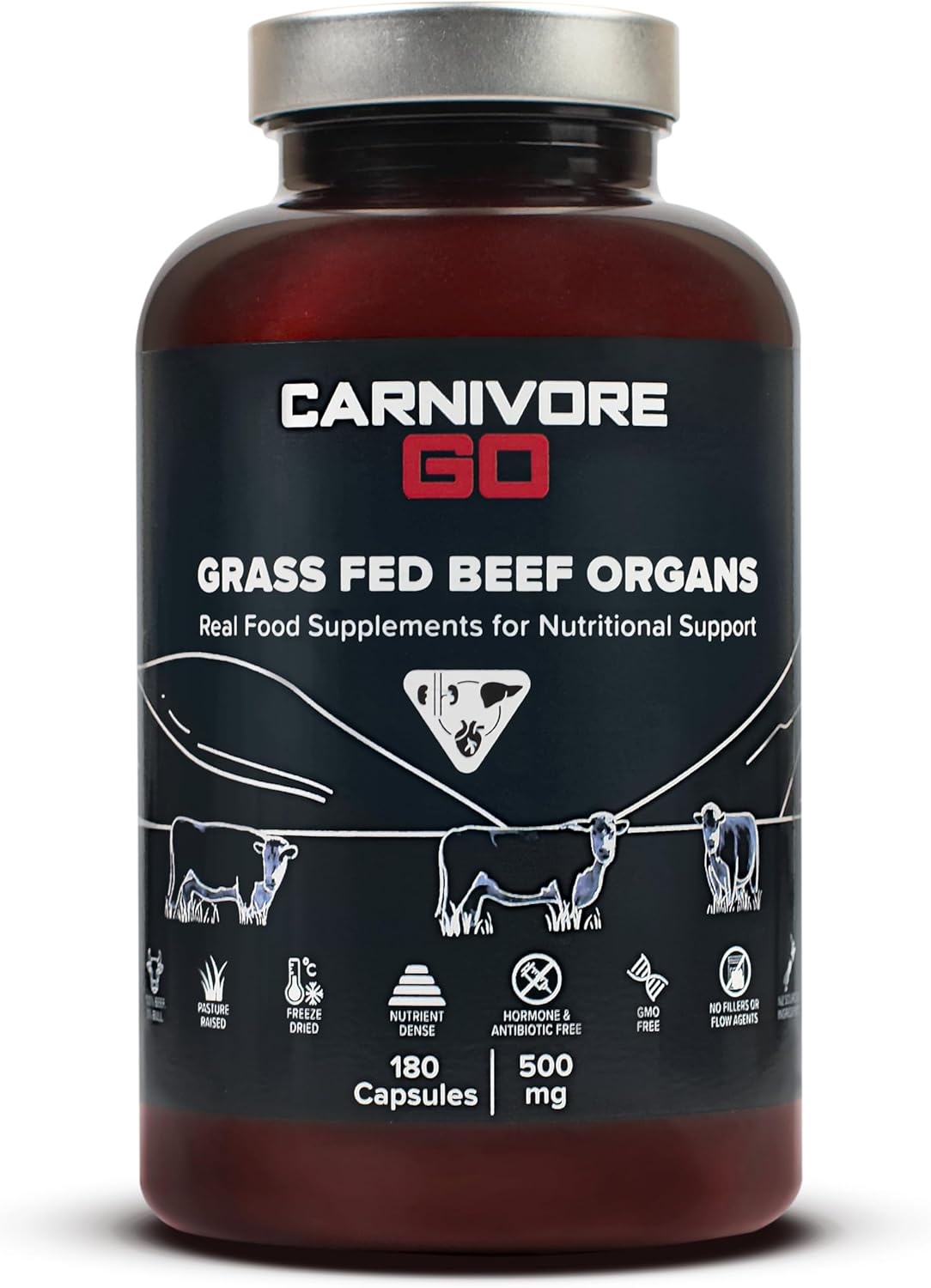 Carnivore Go 100% Grass Fed Beef Organ Supplements (Liver, Heart, Kidney) - For Energy, Immunity, Focus, Skin & Metabolism - 180 500mg Desiccated Beef Organ Capsules UK - No GMO, Hormones, Antibiotics