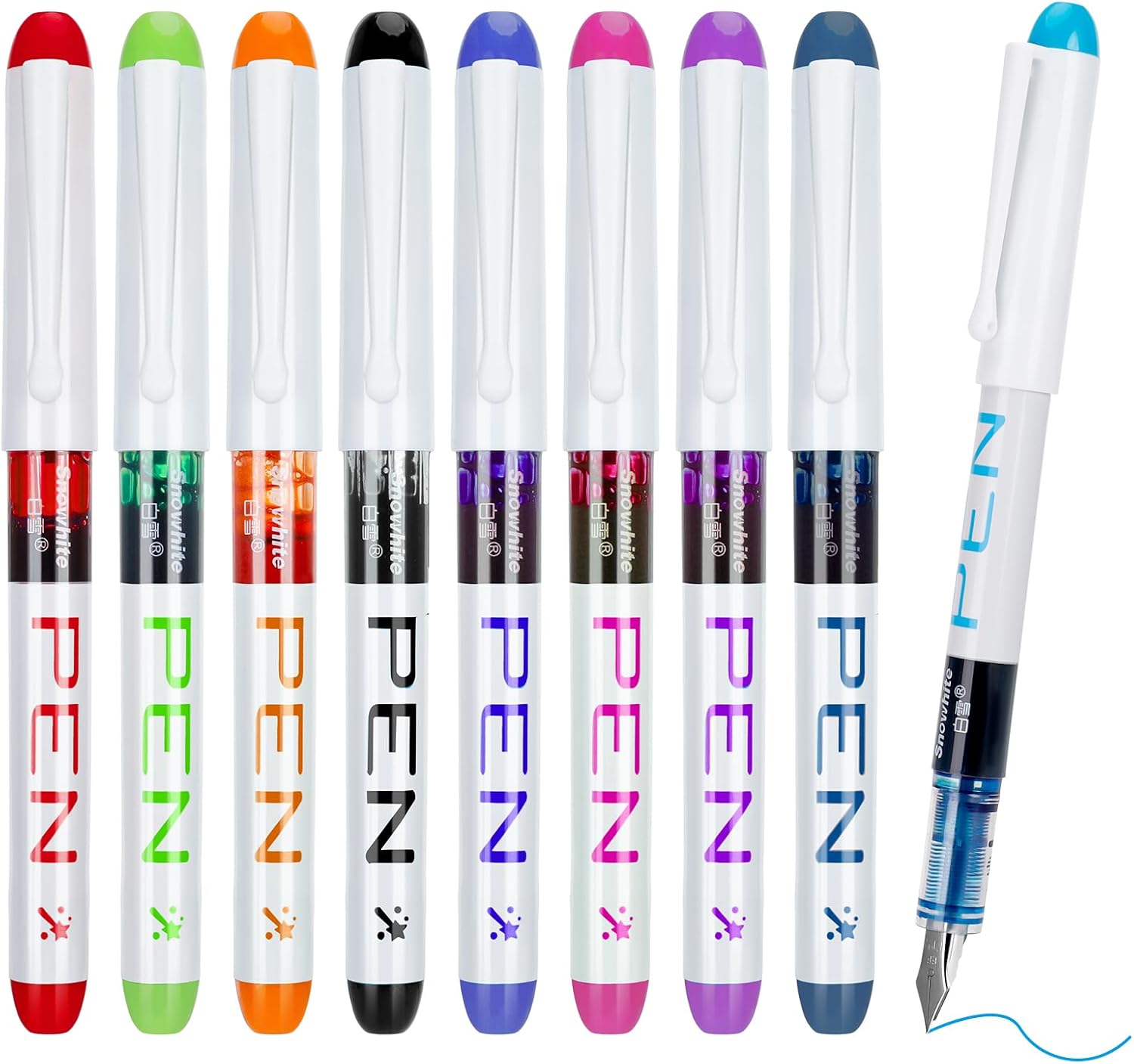FRIUSATE 9 Colored Fountain Pens Disposable for Writing EF Nib Multicolor Ink Fine Point Pen Set Smooth Writing for Journaling Sketching Lettering Text Highlighting Calligraphy Office College School