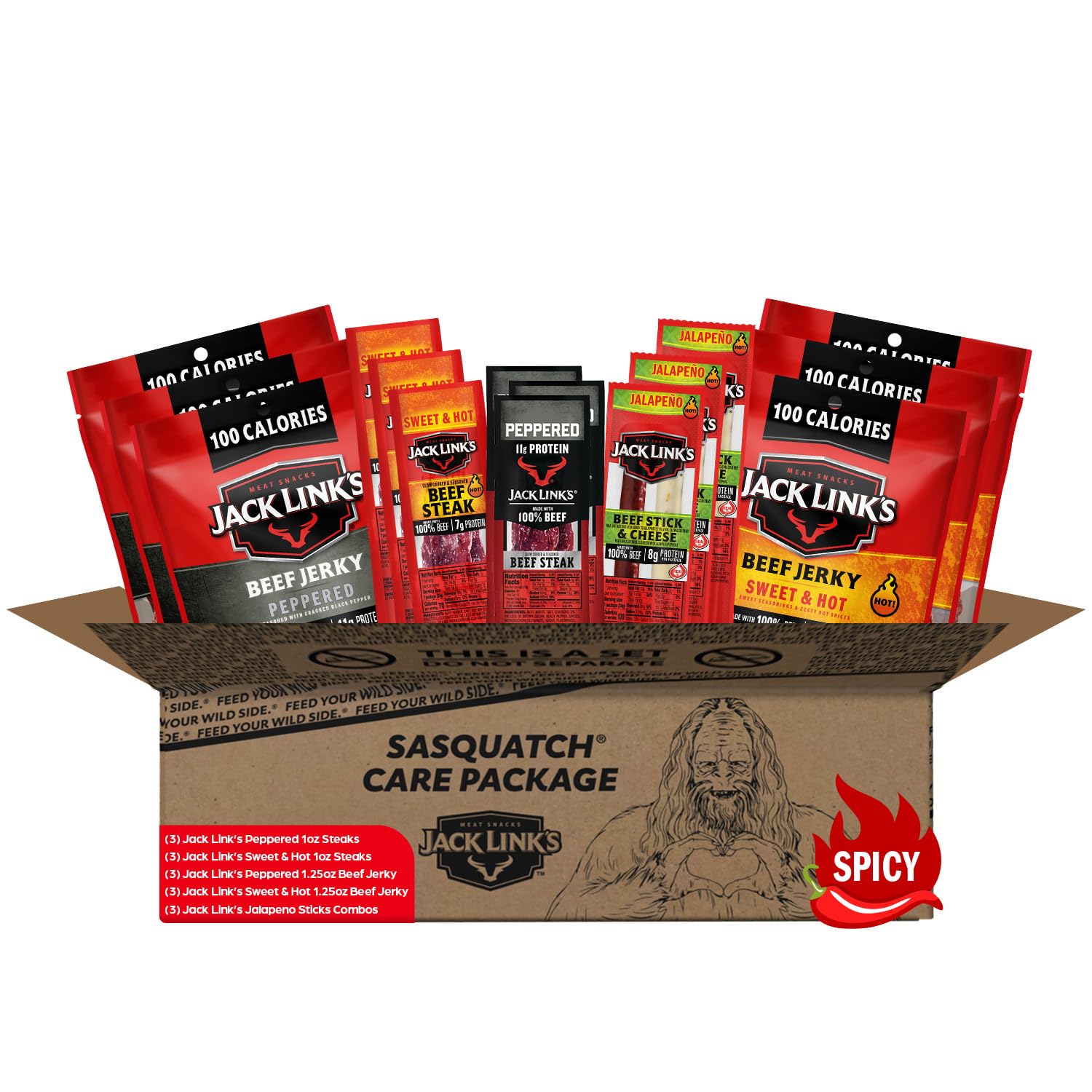 Jack Link's Spicy Beef Jerky Gift Basket Variety Pack - Includes Jerky, Meat & Cheese Combos, and Beef Steaks, Great Gift for Men, Perfect Hunting Trip Snacks, 15-Piece Assorted Spicy Meat Snack Pack