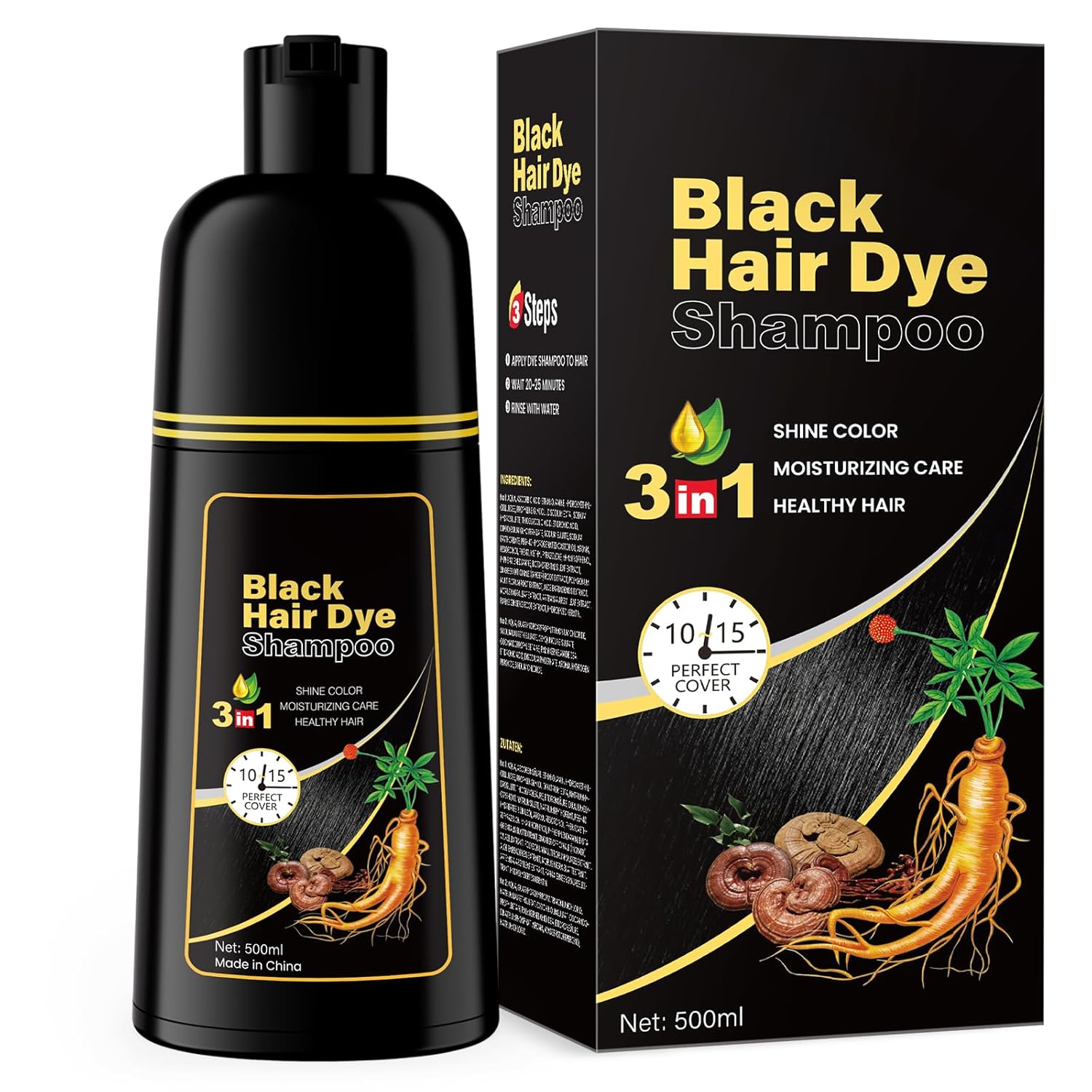 IIIMEIDU Hair Dye Shampoo for Gray Hair Coverage, 3 in 1 Natural Black Dye for Women Men, 500ml
