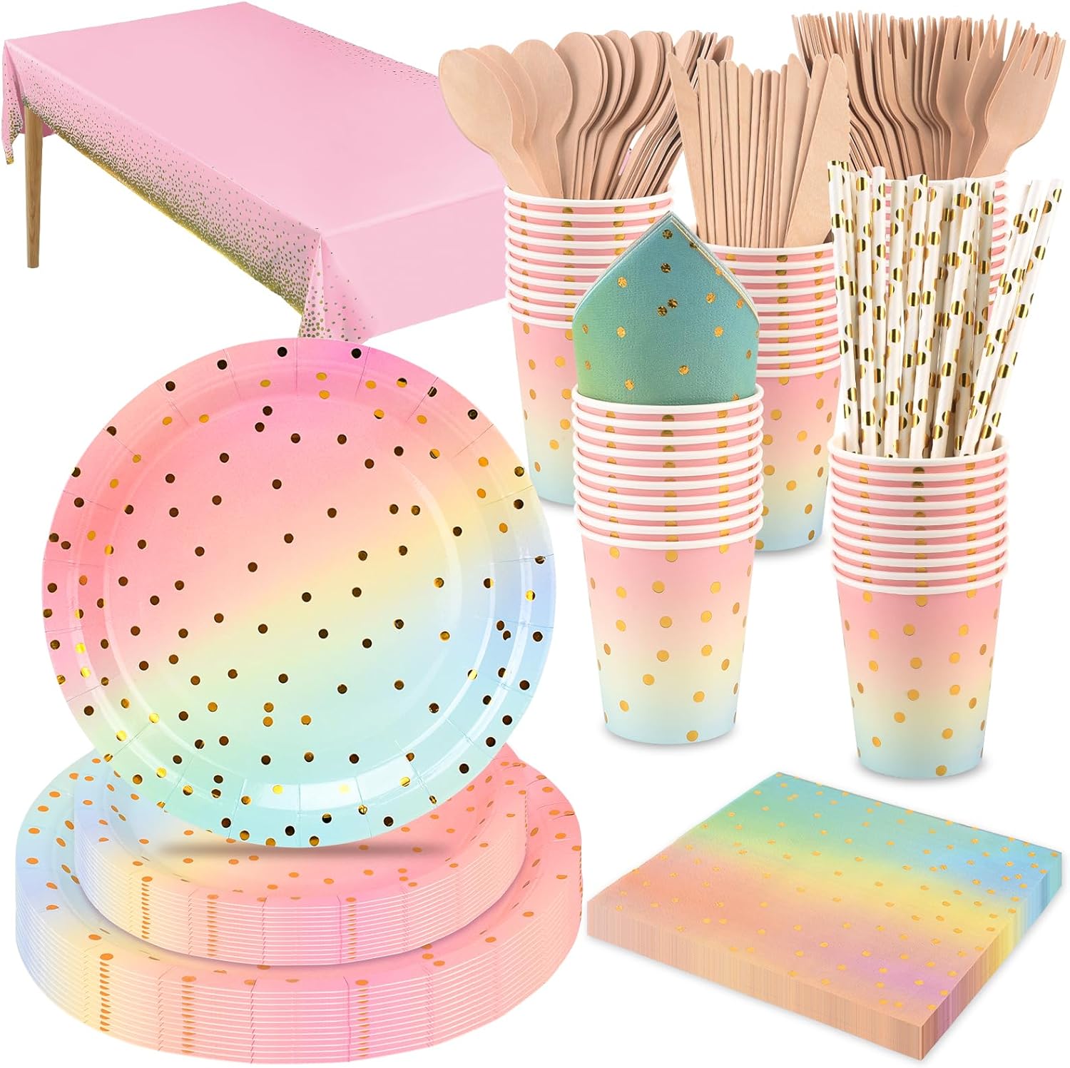 201PCS Pink and Gold Party Tableware Set,CEILIWEN Disposable Party Dinnerware Set Includes Tablecloth,9''&7'' Paper Plates,Cup,Napkin,Straw,Wooden Cutlery(Knife/Fork/Spoon),Severs 25