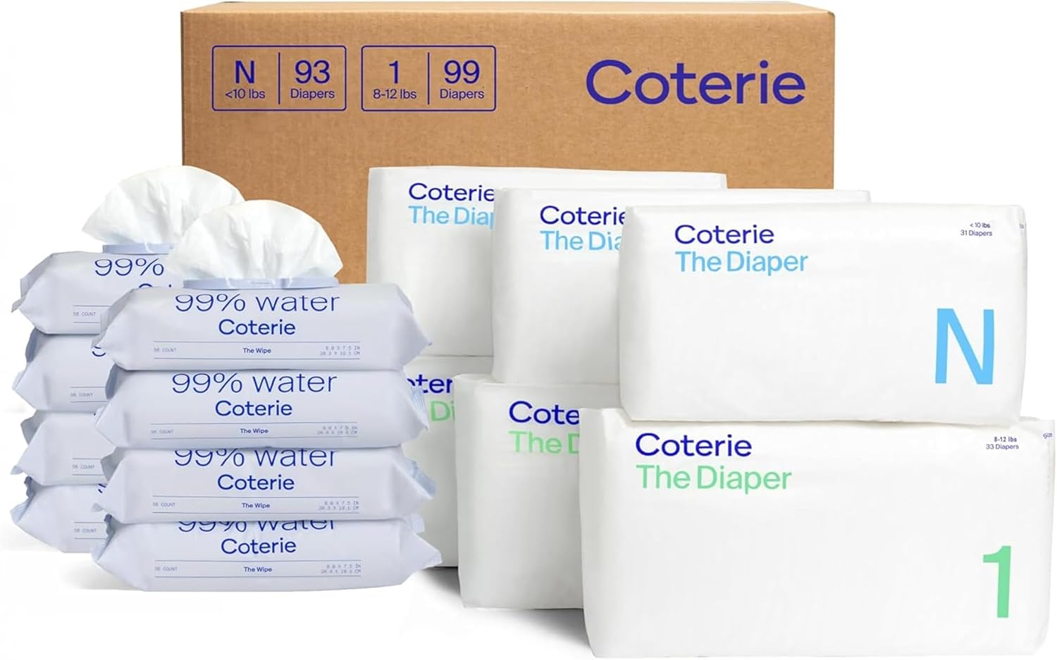 Coterie Baby Wipes + Diapers Kit, Size NB & Size 1 Diapers, 8-Pack Wipes