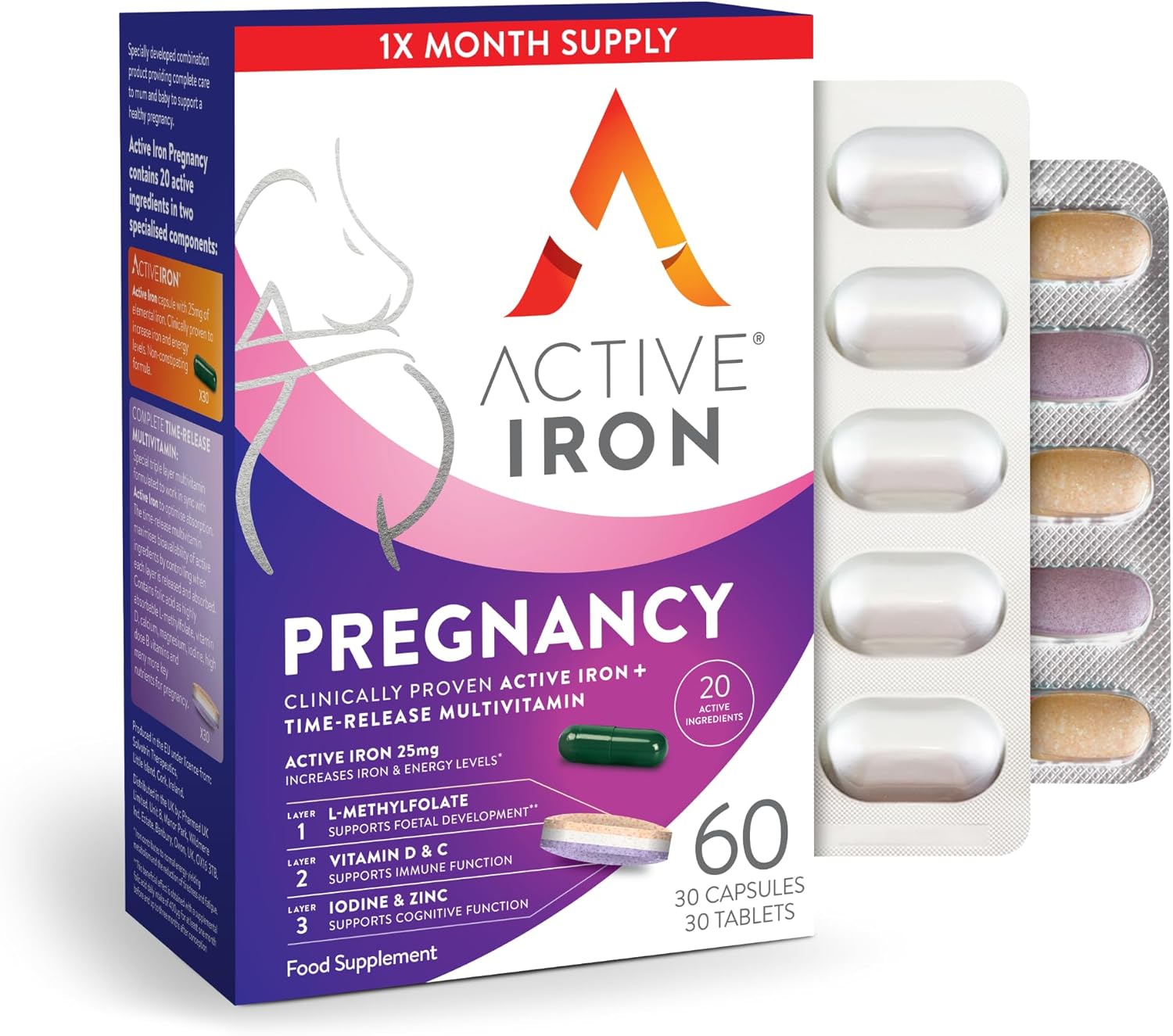 Active Iron Pregnancy, Nutritional Support for Prenatal Care & Foetal Development, 30 x 25 mg Iron Capsules, 30 x Triple Layer Multivitamin Tablet (L-Methylfolate, Vitamin D & Calcium), 1 Month Supply