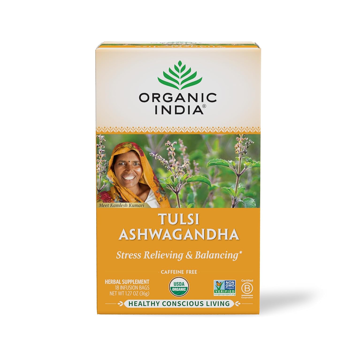 ORGANIC INDIA Calming Tulsi Ashwagandha Tea - Organic Tea Bags, Holy Basil Tea, Vegan, USDA Certified Organic, Non-GMO, Caffeine Free Tea - 18 Infusion Bags, 1 Pack