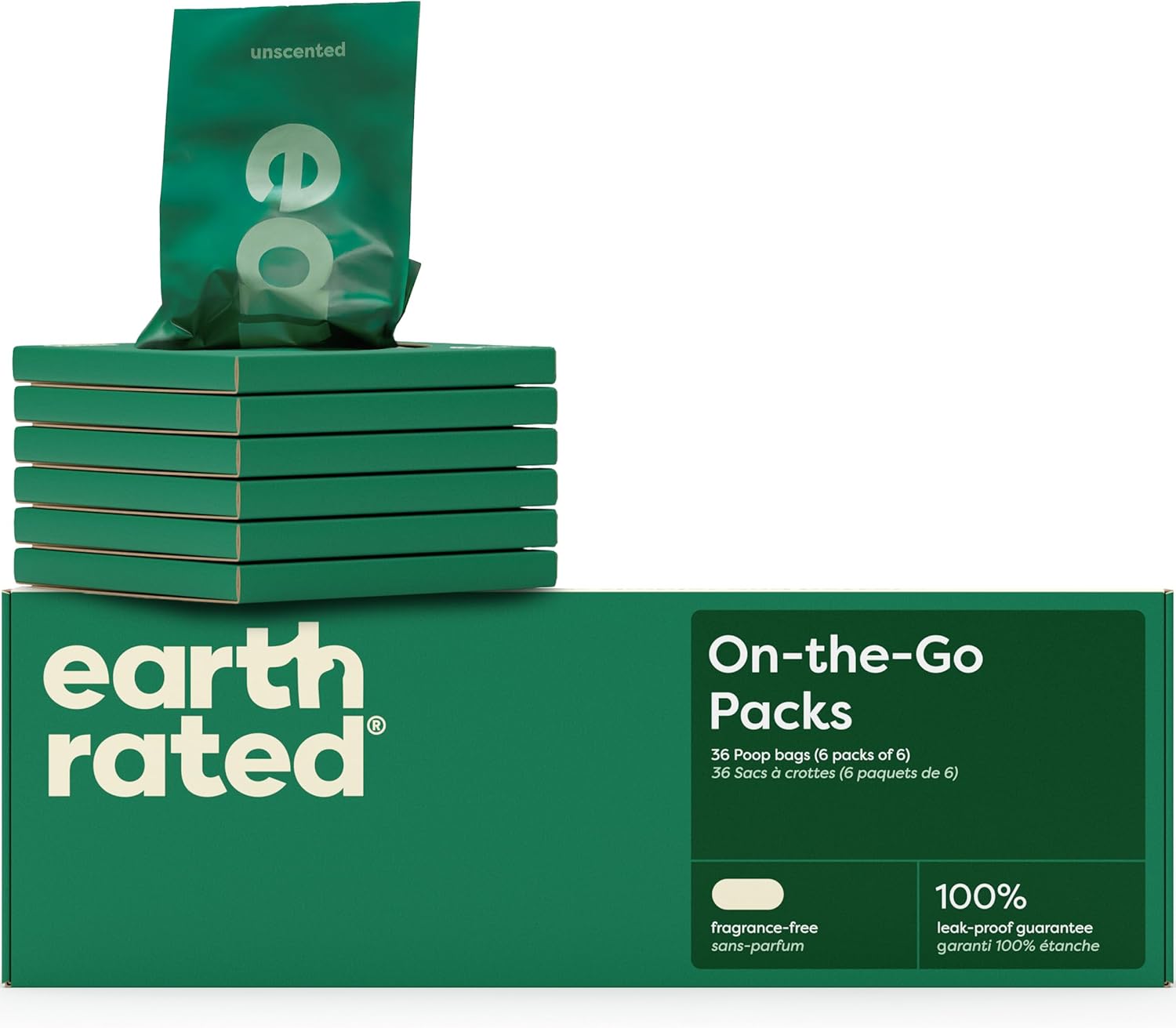 Earth Rated On-the-Go Travel Sized Poop Bag Pocket Packs, Guaranteed Leak Proof and Extra Thick Waste Bags, 36 Count (6 Packs of 6)