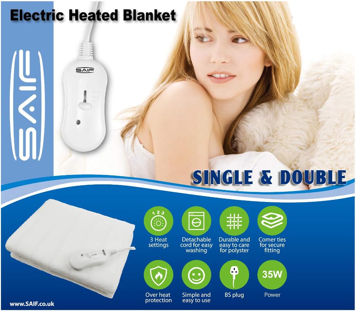 Electric Blanket Heated Under Bed Comfort Detachable Controller with 3 Heat Settings, Super Cosy Washable Fleece Heated Fleece Heated Blanket Throws Pad, Coverlet, Mantle (Single 70x140cm)