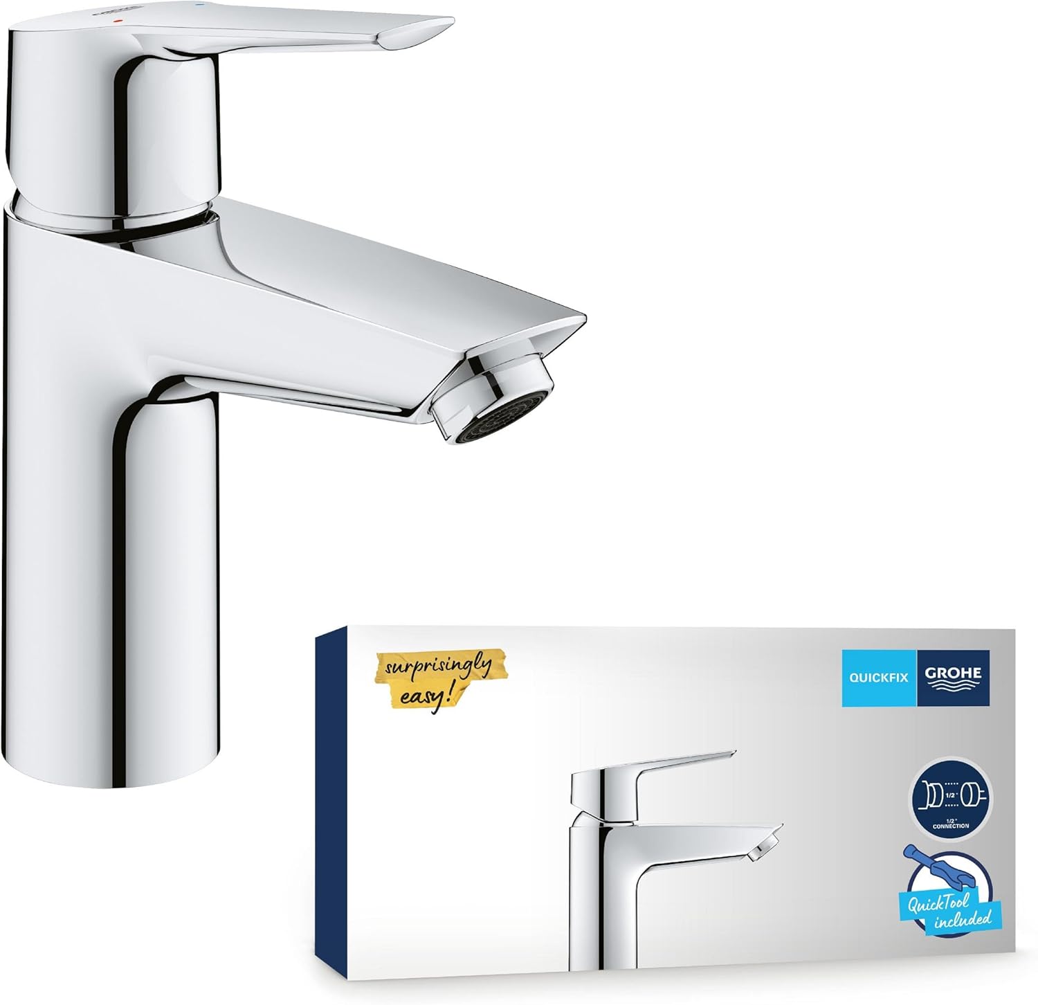 GROHE QUICKFIX Start - Wash Basin Mixer Tap (Metal Lever, Smooth Body, 28 mm Ceramic Cartridge, Min. Recommended Pressure 0.4 Bar, Tails 1/2 Inch), Size 165 mm, Quick Tool Included, Chrome, 24166003