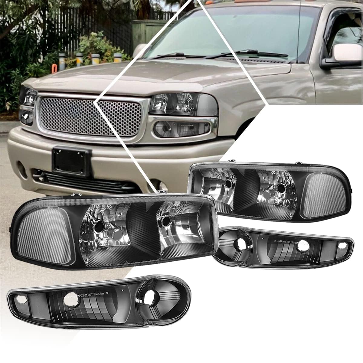 PM PERFORMOTOR [4Pcs-Set] Signal Lamps+Headlight Assembly Compatible with 01-07 GMC Sierra/Yukon Denali,Black Housing/Clear Corner
