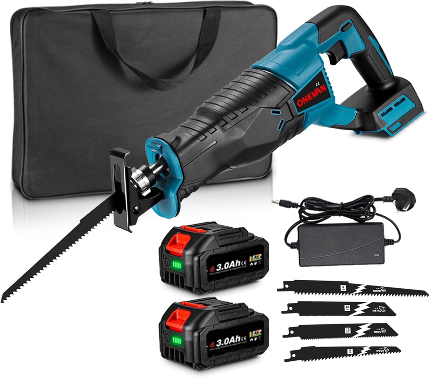Cordless Reciprocating Saw - Battery Hand Saw for Cutting Wood, 0-2800SPM Stroke Speed with 4 Blades for PVC/Wood/Metal Cuting (Incl. 2 Batteries)