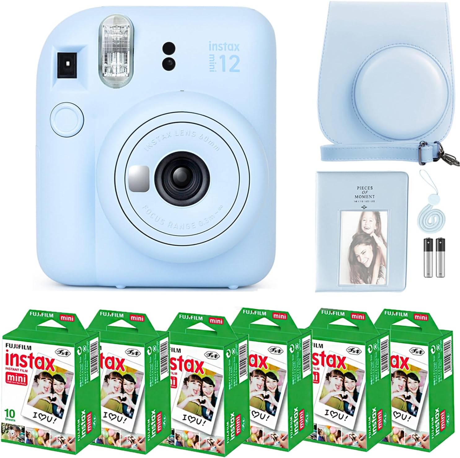 Fujifilm Instax Mini 12 Instant Camera Pastel Blue and Fuji Film Value Pack (60 Sheets) Bundle with Sturdy Tiger Accessories, Carrying Case, Photo Album 64 Pockets