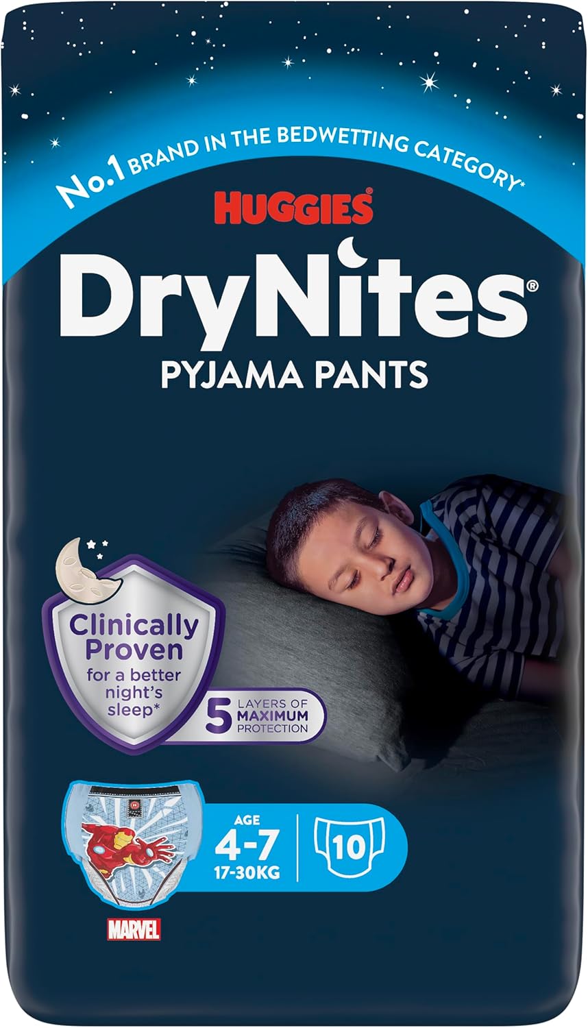 Huggies DryNites, Boys’ Night Time Pants - Sizes 4-7 Years (30 Pants) - Absorbent Pyjama Pants to Manage Bed Wetting - Unbeatable Night Time Protection