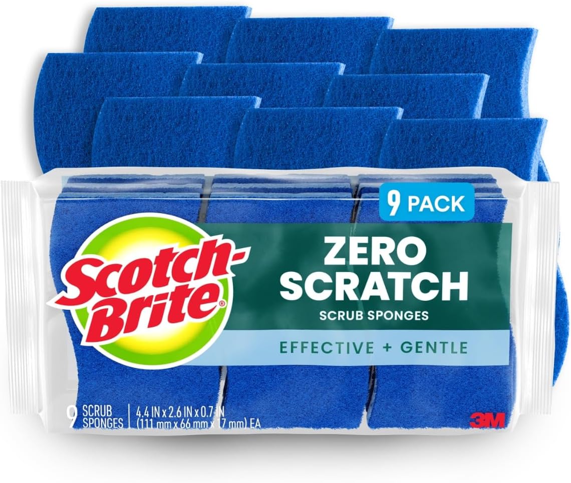 Scotch-Brite Zero Scratch Scrub Sponge, 9 Kitchen Sponges for Cleaning Around the Home, Bathroom & More, Effective + Gentle Dish Scrubber, Best for Nonstick Pots and Pans, Safe on Most Surfaces