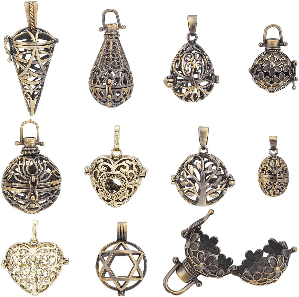 SUNNYCLUE 1 BOX 10PCS Brass Stone Holder Cage Pendants Locket Charms Metal Antique Bronze Hollow Diffuser Chime Ball Tree of Life Openable Charms for Jewelry Making Charms Women Diy Necklaces Craft